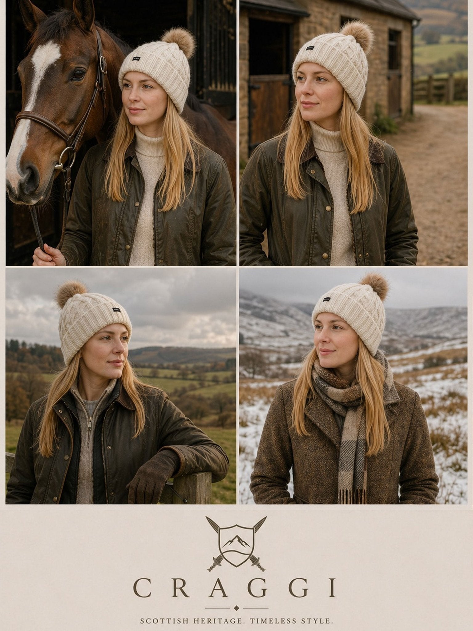 Craggi Ladies Bobble Hat Cream Knitted Pom Beanie Womens Ski Hat CRAGGI Hats