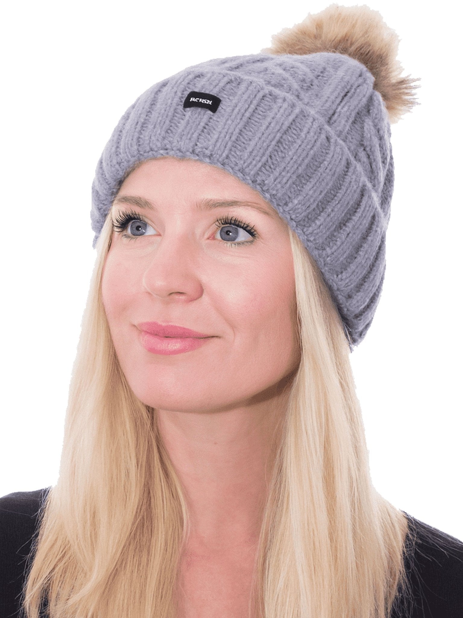 Craggi Ladies Bobble Hat Grey Cable Knit Pom Sports womens Beanie CRAGGI Hats