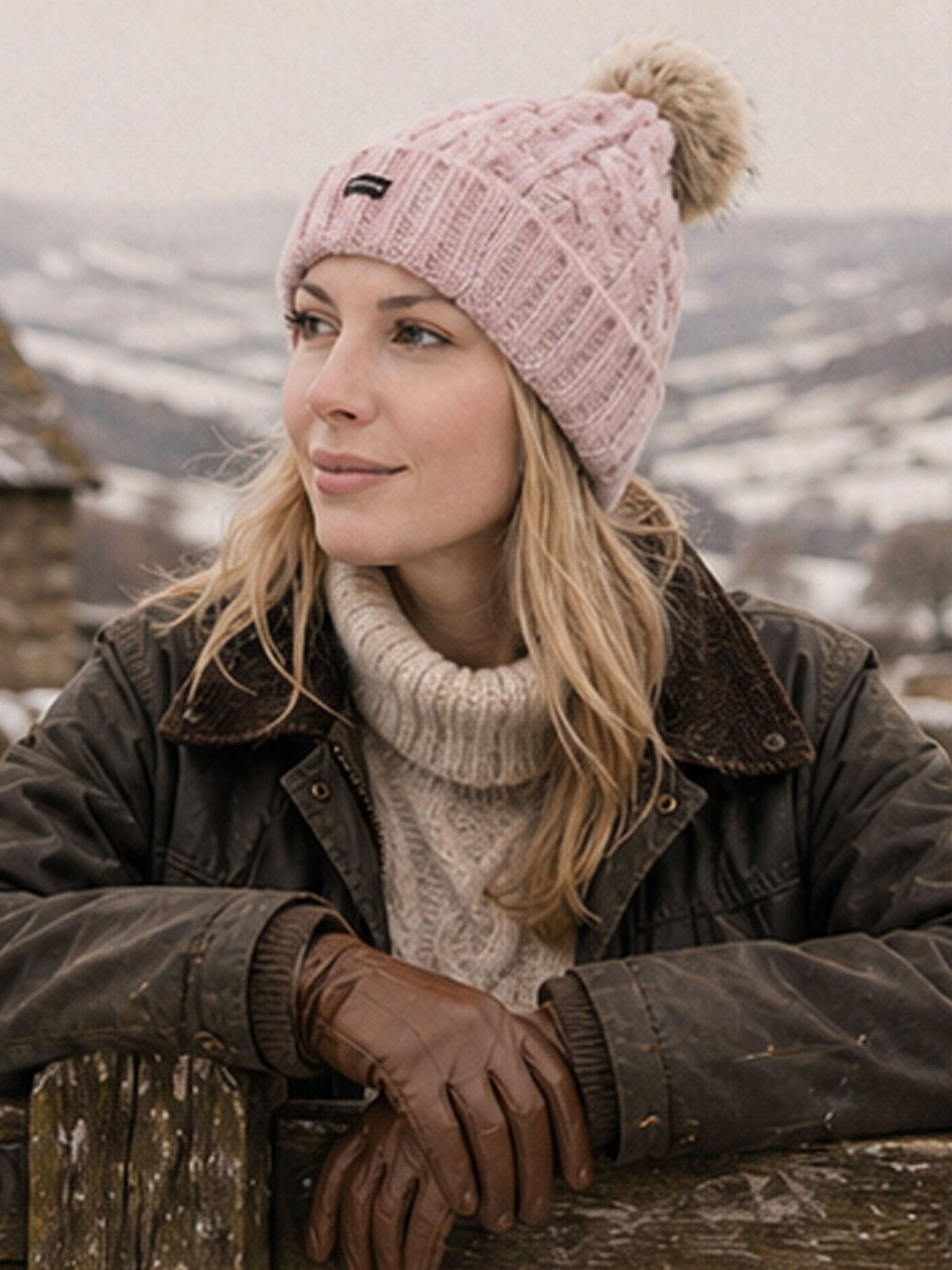 Craggi Ladies Bobble Hat Pink Knitted Pom, Womens Beanie Ski Hat CRAGGI Hats