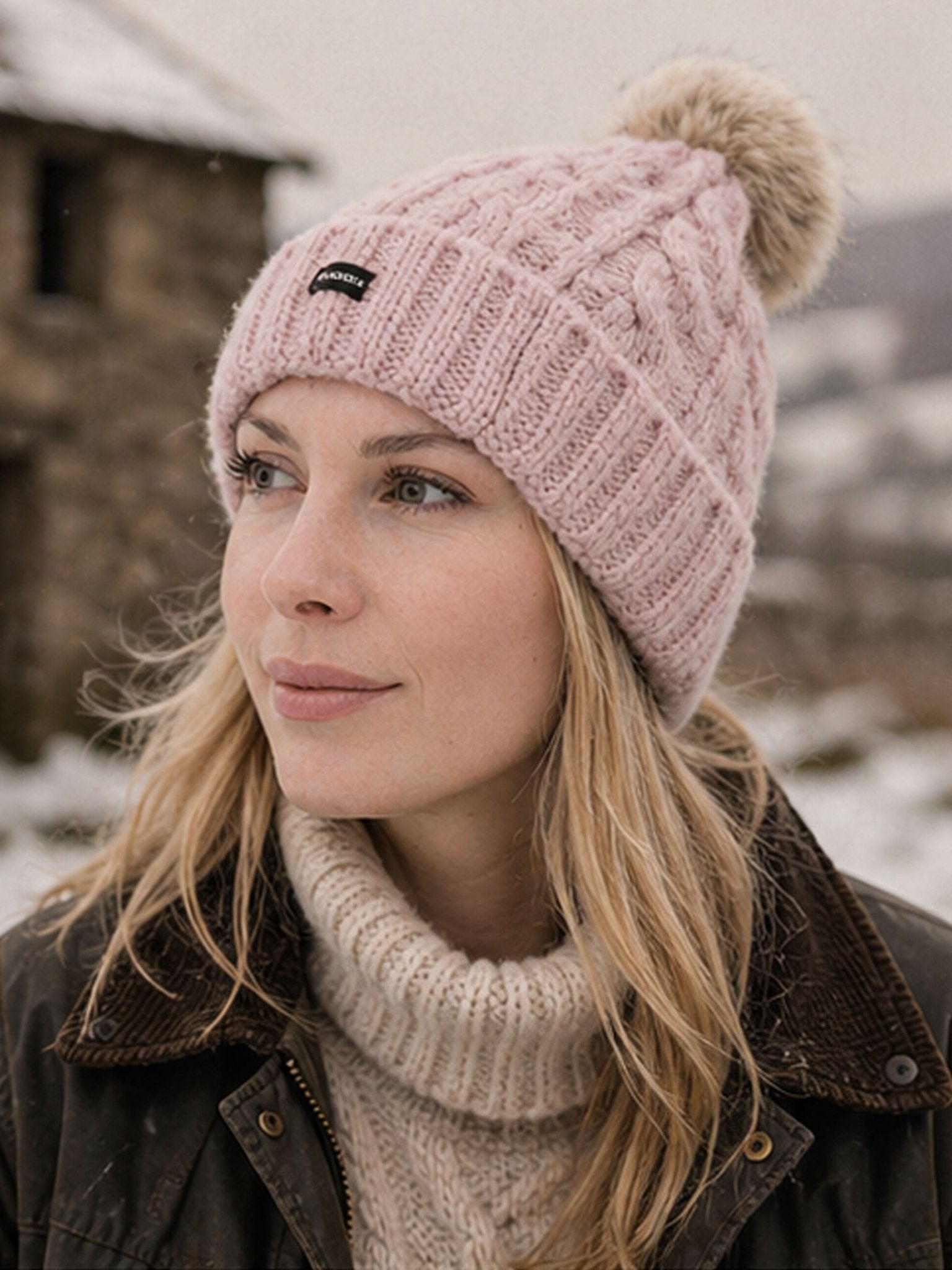 Craggi Ladies Bobble Hat Pink Knitted Pom, Womens Beanie Ski Hat CRAGGI Hats