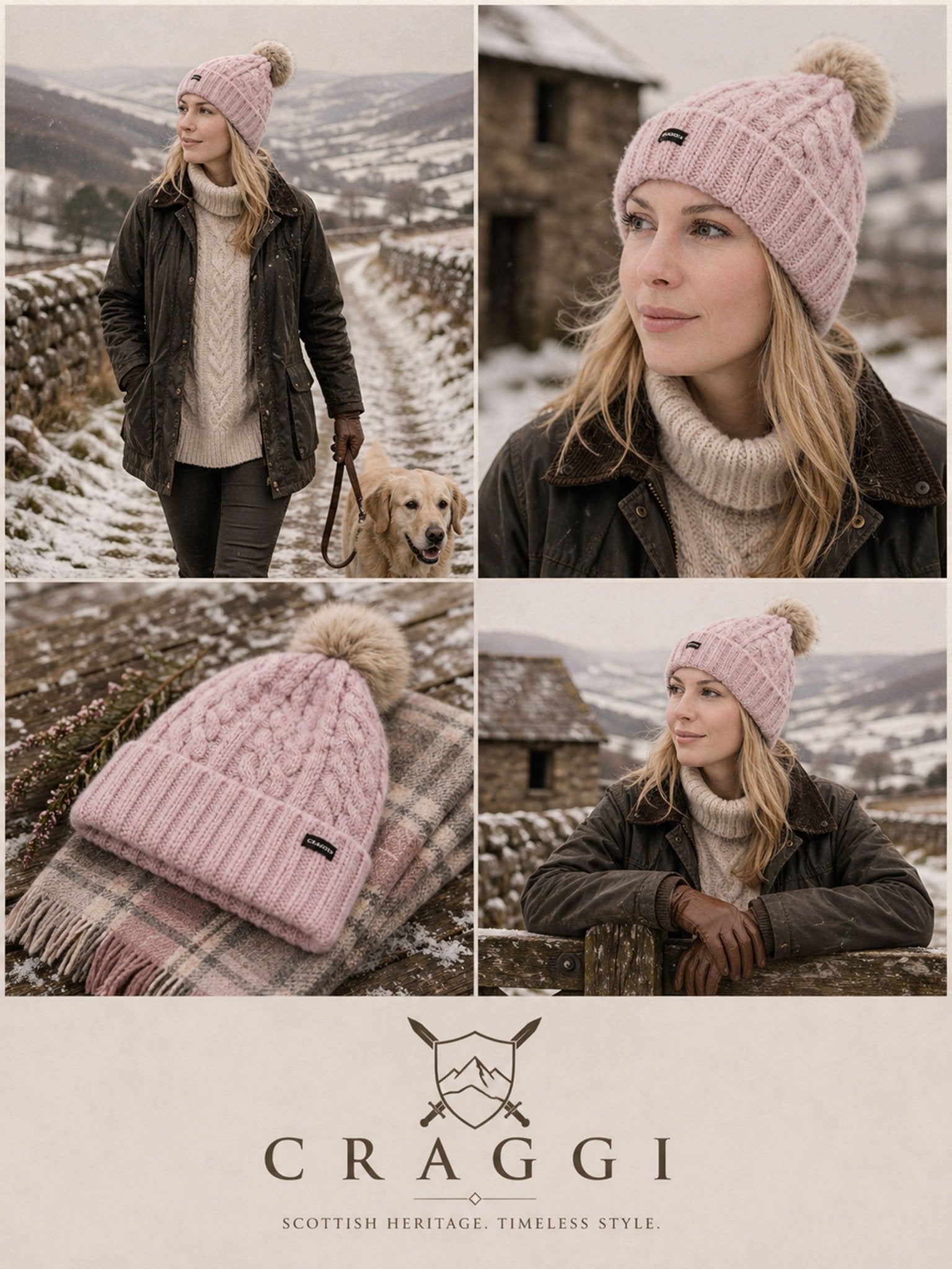 Craggi Ladies Bobble Hat Pink Knitted Pom, Womens Beanie Ski Hat CRAGGI Hats