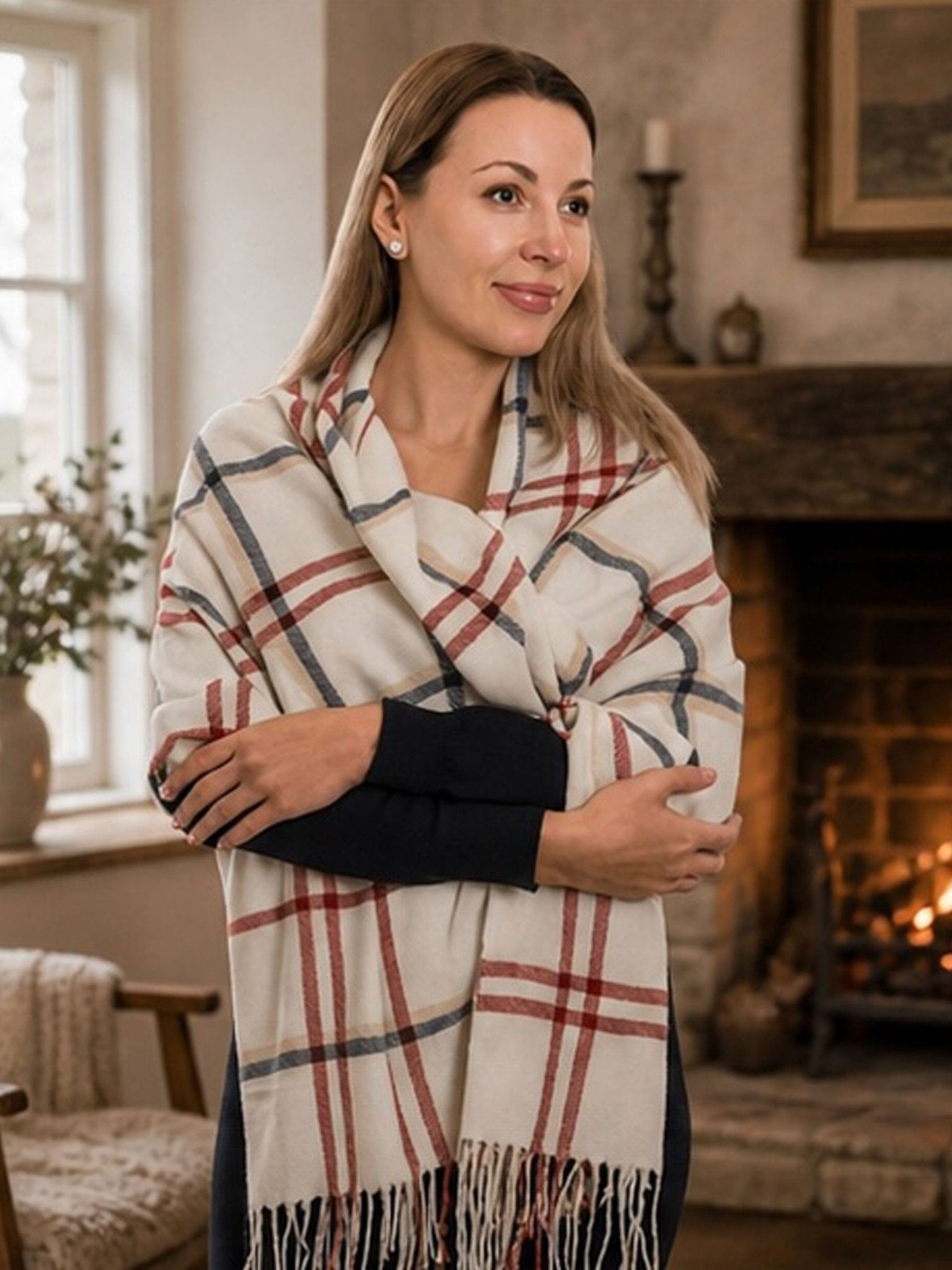 Craggi Ladies Pashmina Soft Check Shawl, Womens Blue and Red White Scarf CRAGGI Accessories