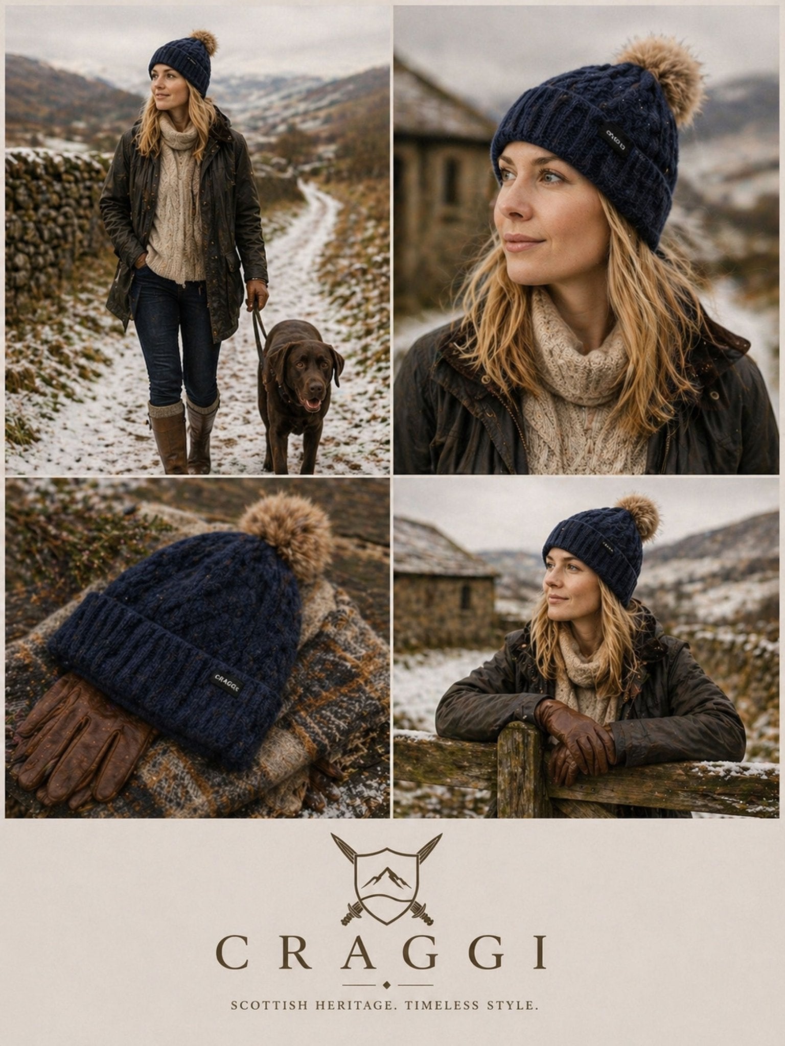 Craggi Ladies premium Bobble Hat Blue Knitted Pom, Womens Beanie Ski Hat CRAGGI Hats