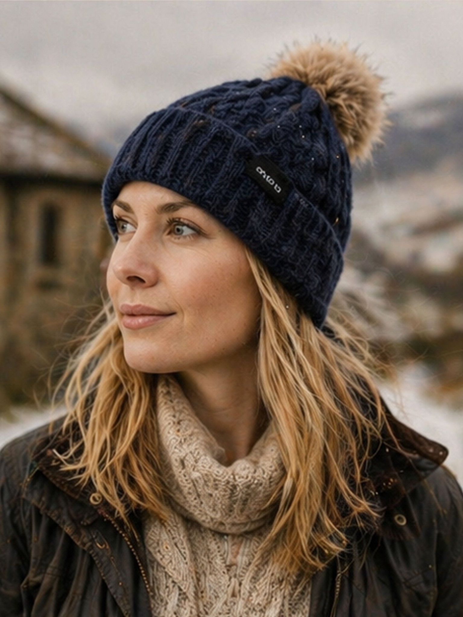 Craggi Ladies premium Bobble Hat Blue Knitted Pom, Womens Beanie Ski Hat CRAGGI Hats