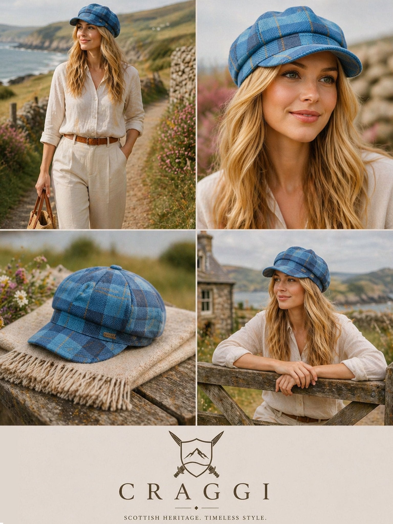 Craggi Tweed Baker Boy / Newsboy Cap Strathy Blue Plaid Flat Cap ladies / Womens CRAGGI Hats