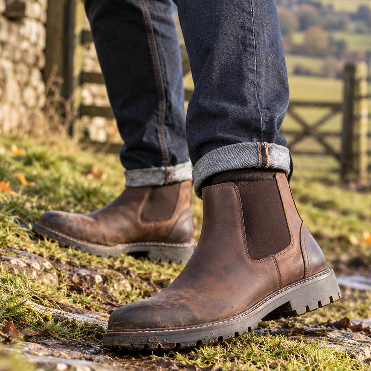 Man wearing Hoggs of Fife Banff brown dealer boots on a countryside path, jeans rolled up