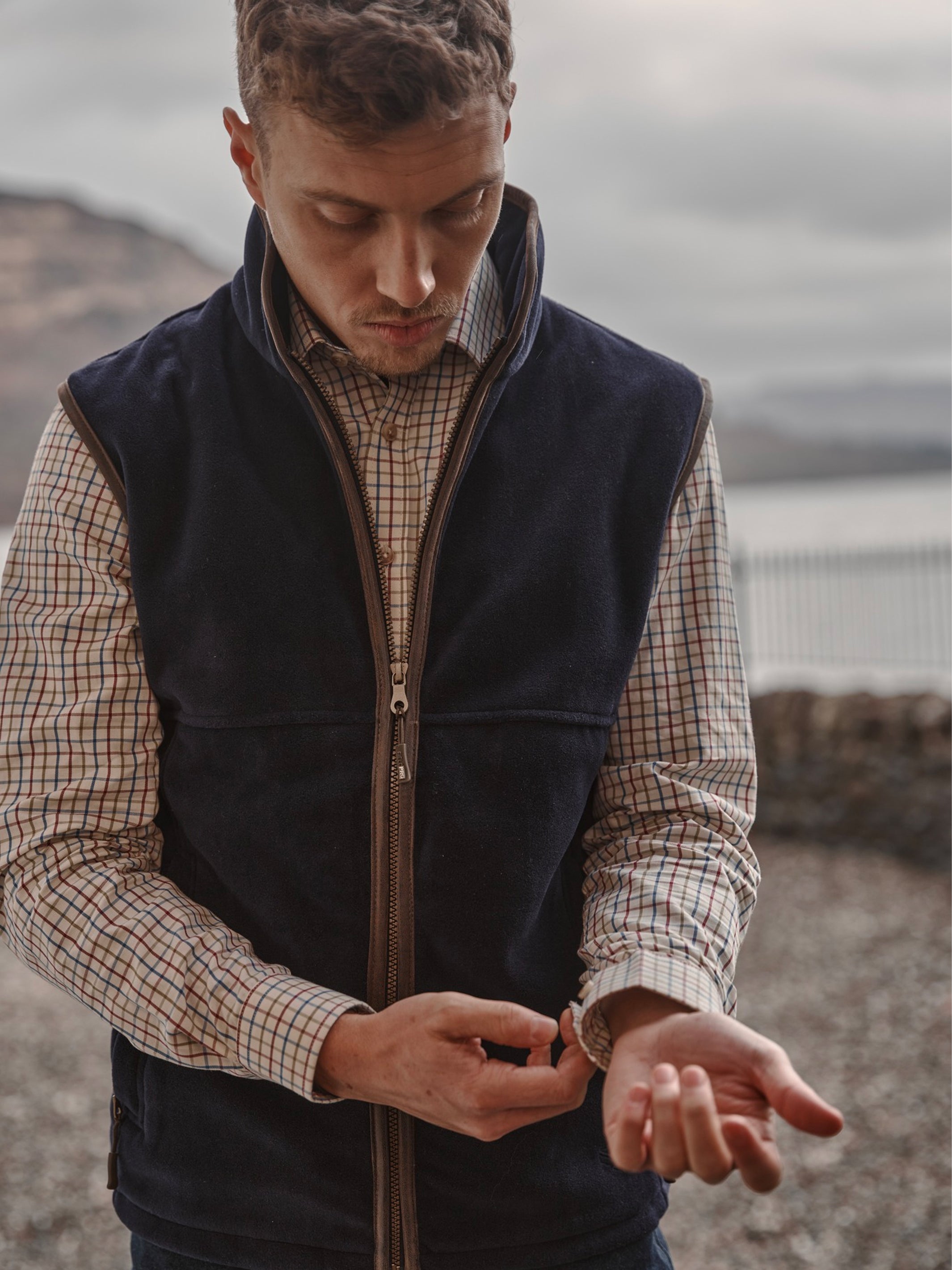 Hoggs of fife stenton gilet waistocoat in navy with inverness check shirt