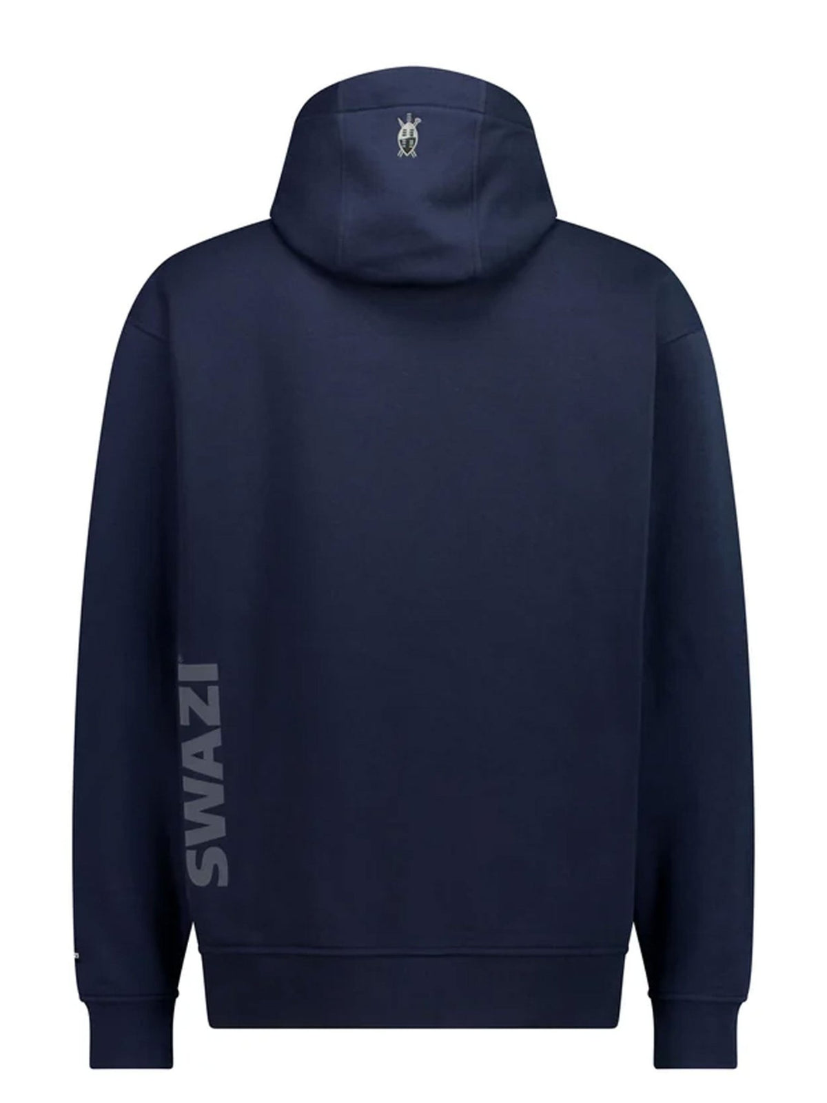 A navy blue hoodie shown from the back, featuring a small white logo on the back of the hood and large vertical white 'SWAZI' text printed down the left sleeve, set against a plain white background.