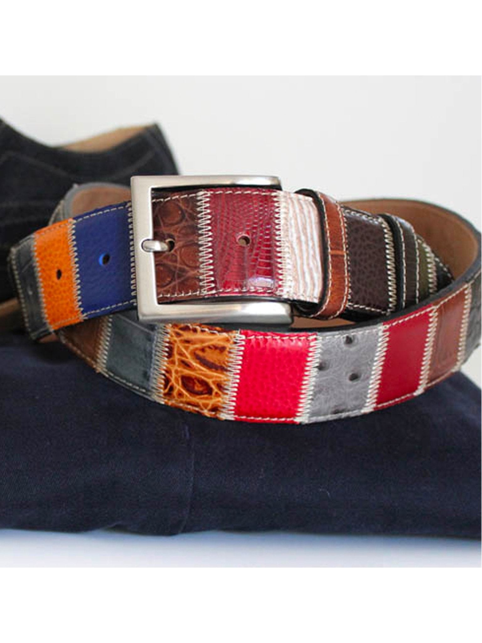 Robert Charles Belts - 1587 Patchwork Mens Leather Belt 35mm - Made in Italy - 100% Leather