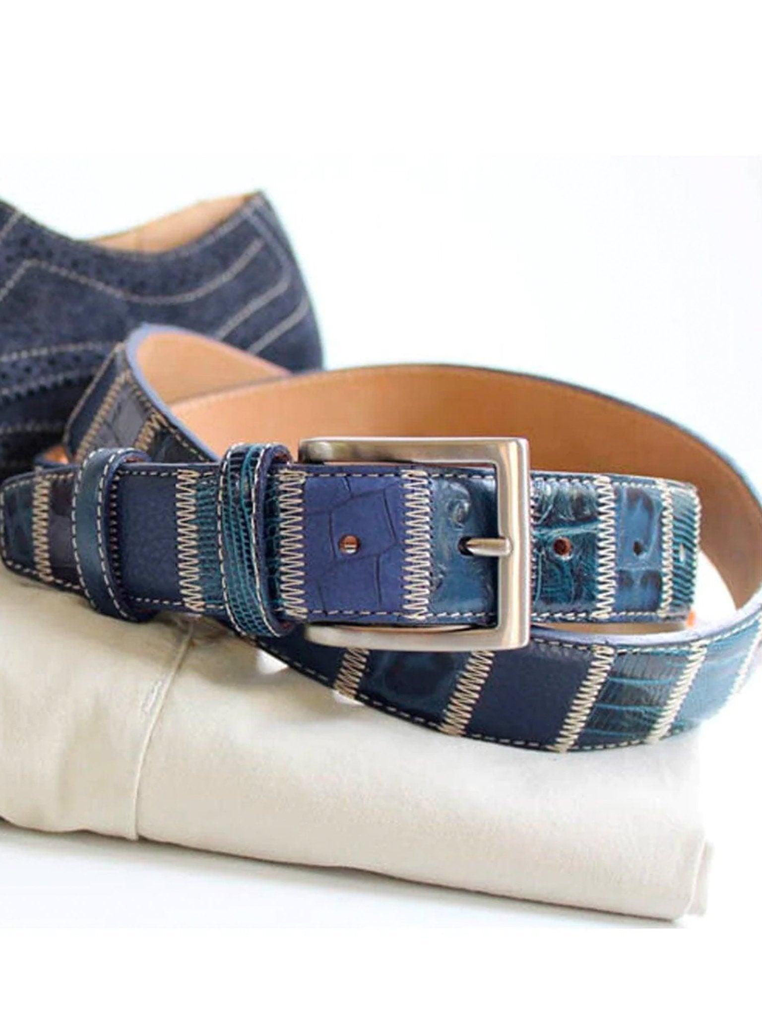 Robert Charles Belts - 1609 Patchwork Blue Mens Leather Belt 40mm - Made in Italy - 100% Leather