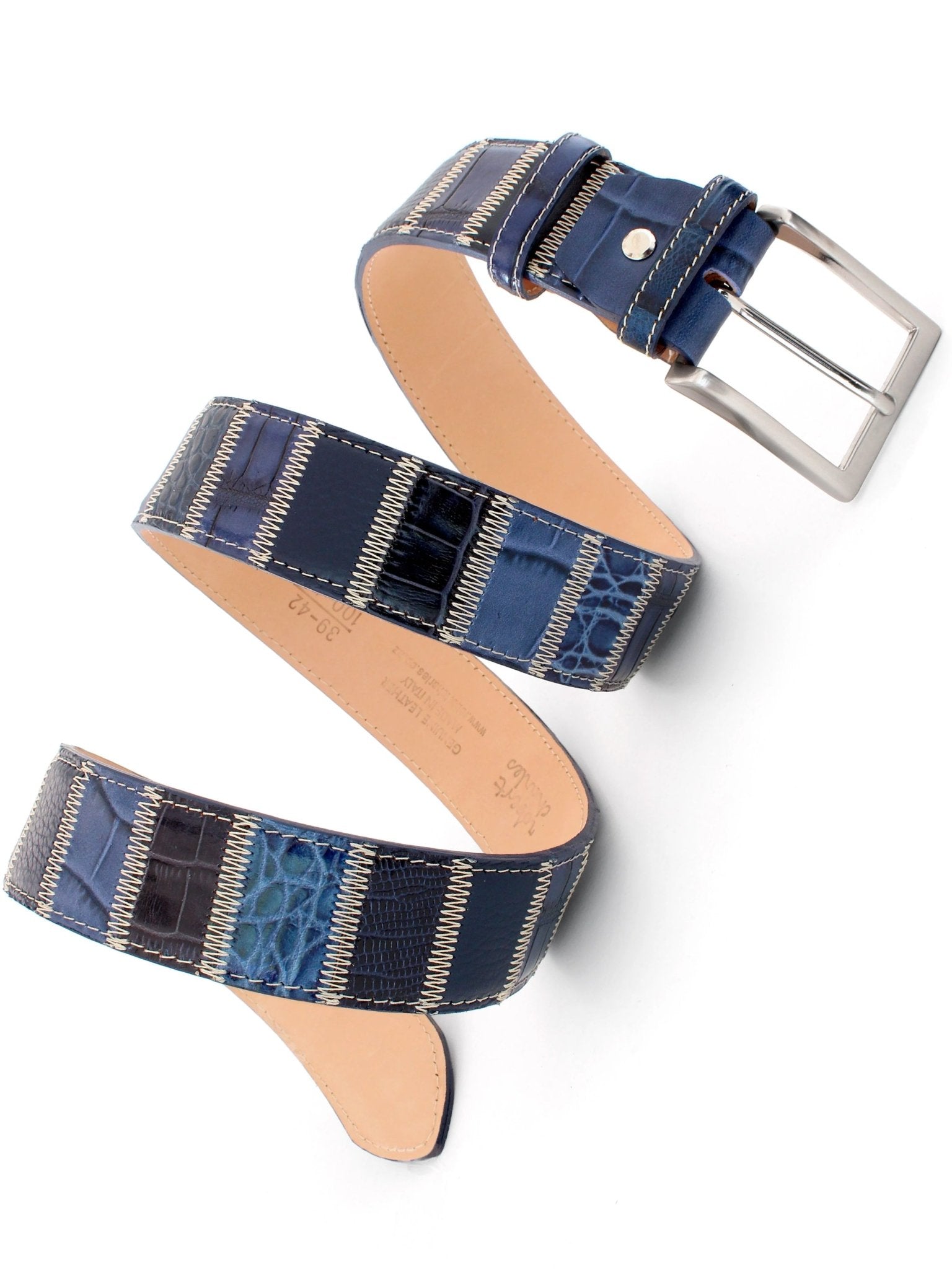 Robert Charles Belts - 1609 Patchwork Blue Mens Leather Belt 40mm - Made in Italy - 100% Leather