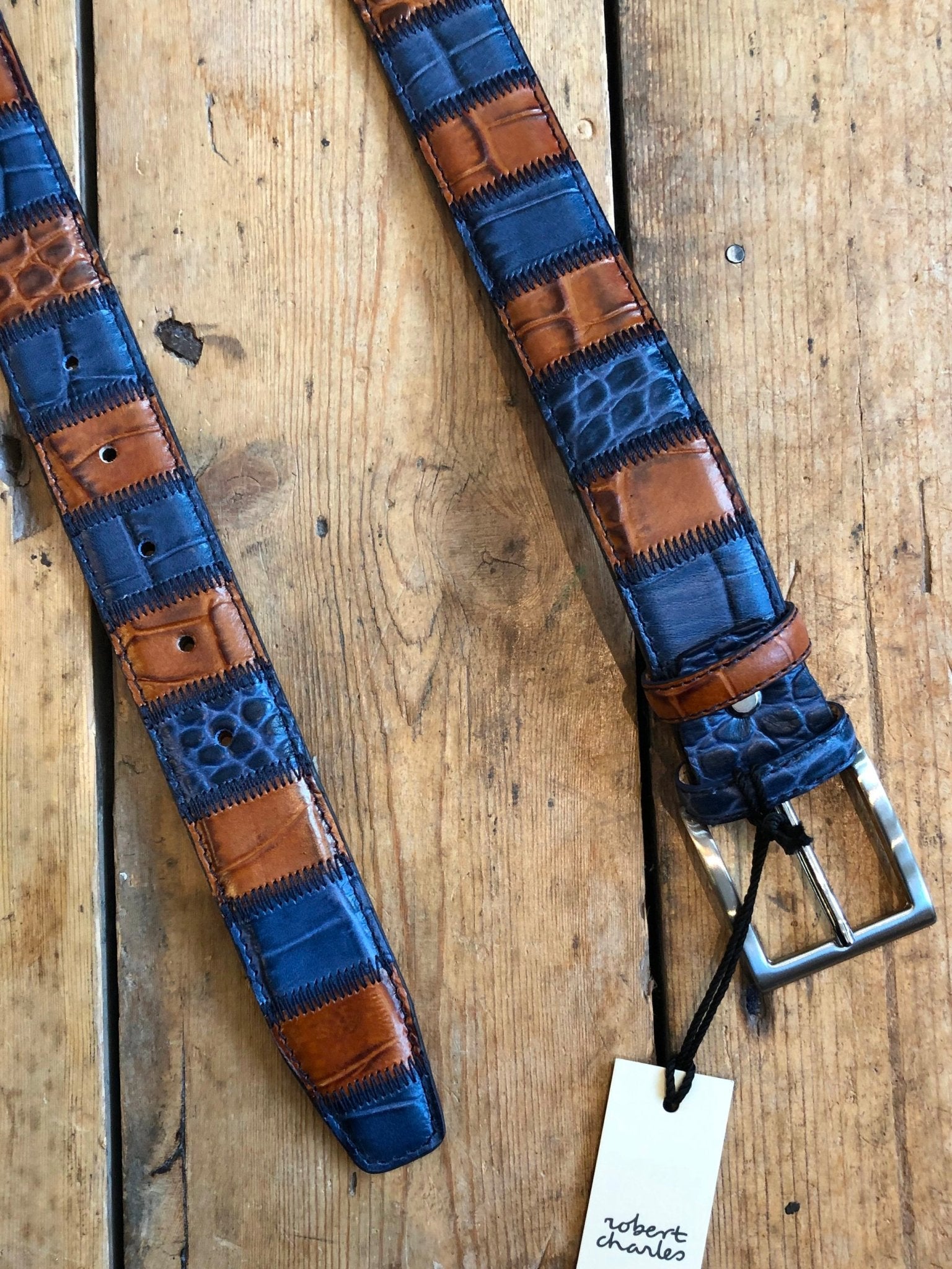 4elementsclothingRobert CharlesRobert Charles Belts - 1628 Patchwork Blue / Tan Mens Belt - Made in Italy - 100% LeatherBelts1628/35/S