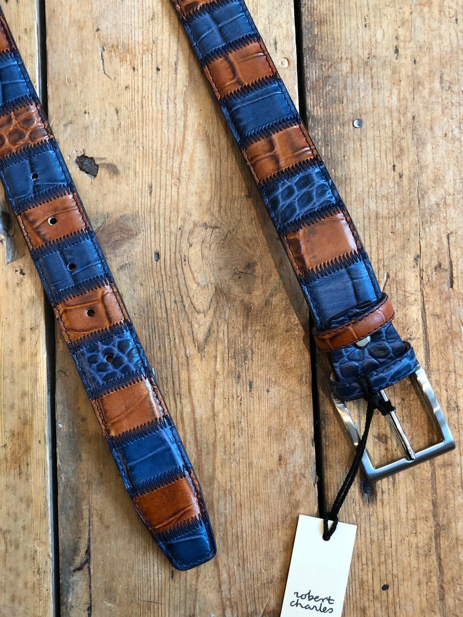 Robert Charles Belts - 1628 35mm Patchwork Blue / Tan Mens Belt - Made in Italy - 100% Leather