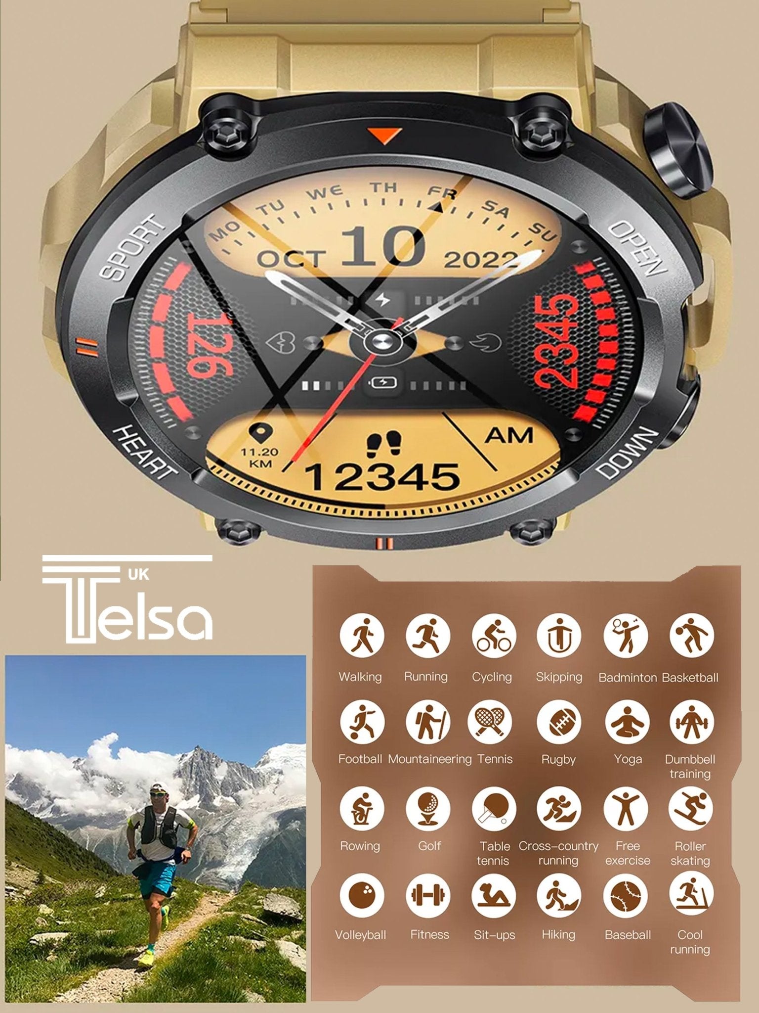 TELSA UK - Smart Watch Waterproof IP67 military style mens Sports & fitness digital Watch with Touch Screen display, Fitness Watch, Heart Rate, Step counter Smart Watch for men IOS & Android