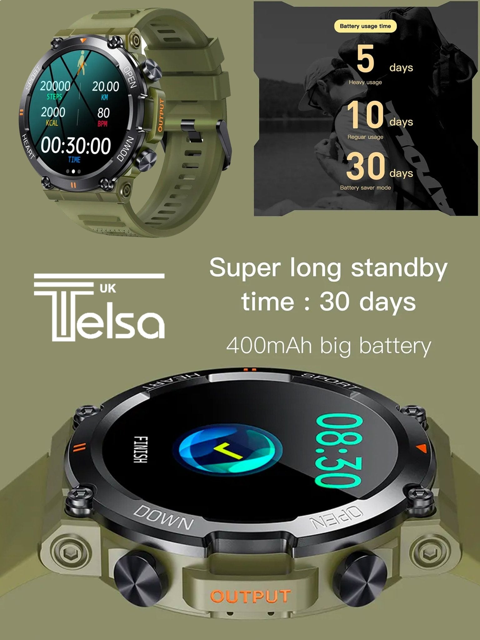 TELSA UK - Smart Watch Waterproof IP67 military style mens Sports & fitness digital Watch with Touch Screen display, Fitness Watch, Heart Rate, Step counter Smart Watch for men IOS & Android