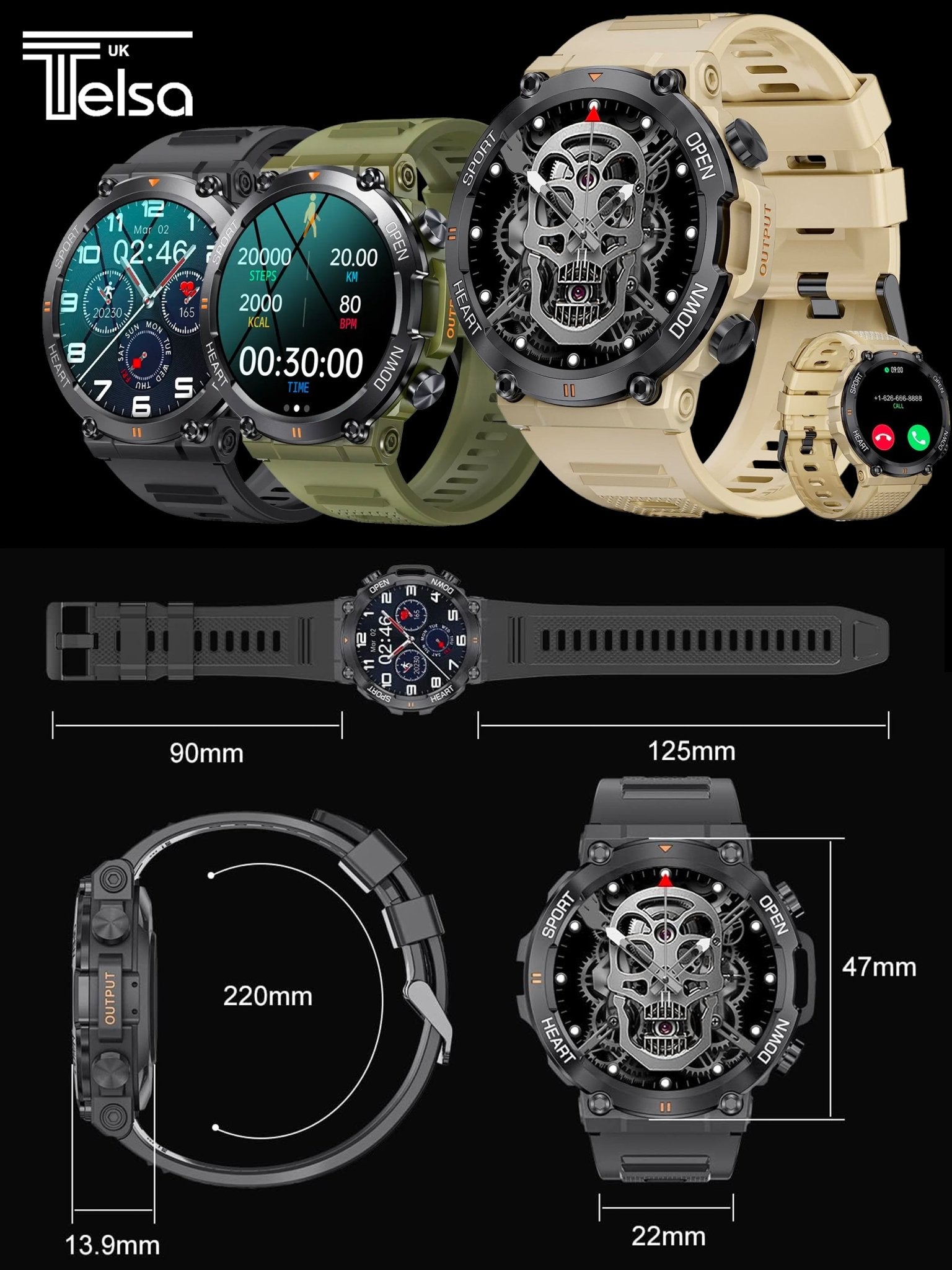 TELSA UK - Smart Watch Waterproof IP67 military style mens Sports & fitness digital Watch with Touch Screen display, Fitness Watch, Heart Rate, Step counter Smart Watch for men IOS & Android