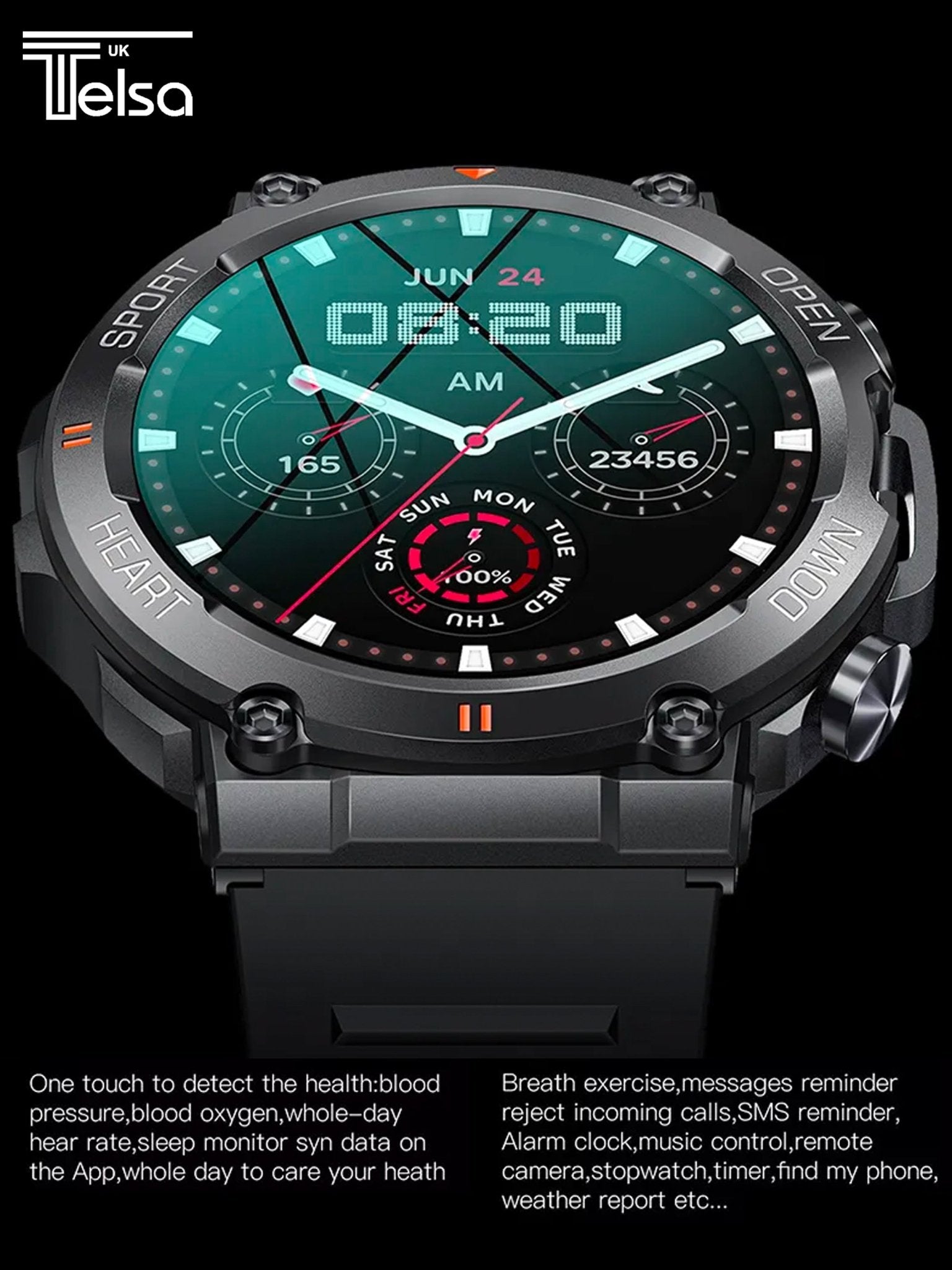 TELSA UK - Smart Watch Waterproof IP67 military style mens Sports & fitness digital Watch with Touch Screen display, Fitness Watch, Heart Rate, Step counter Smart Watch for men IOS & Android