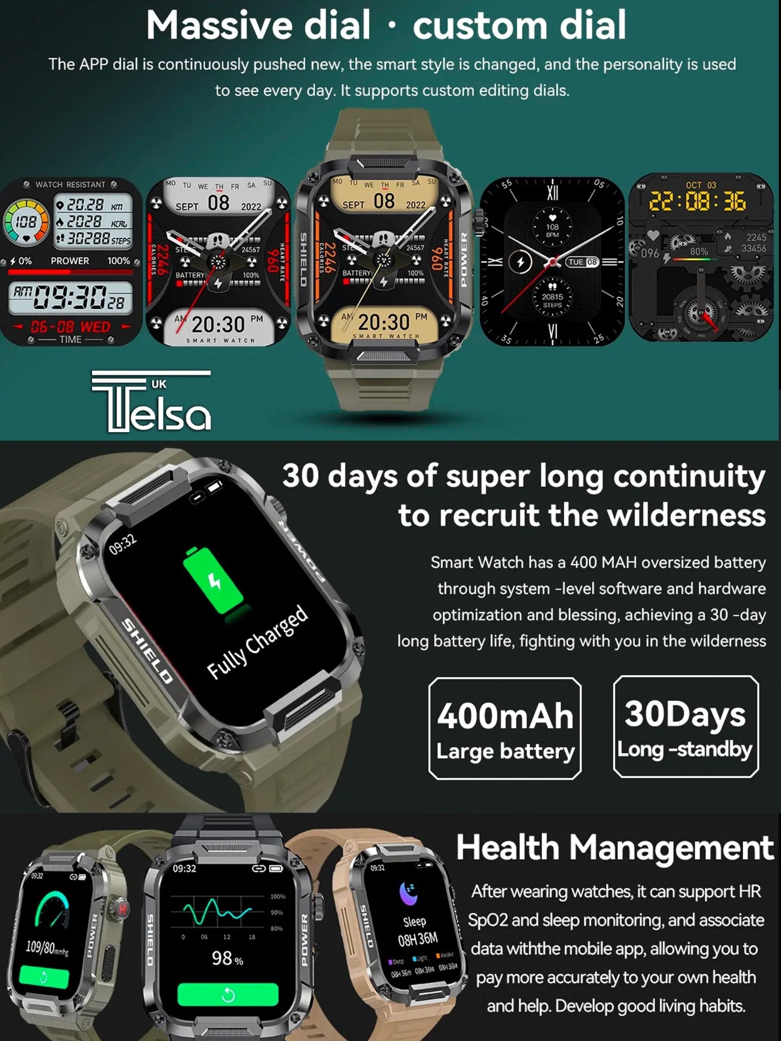 TELSA UK - Smart Watch Waterproof IP68 military style mens Sports & fitness digital Watch with Touch Screen display, Fitness Watch, Heart Rate, Step counter Smart Watch for men IOS & Android