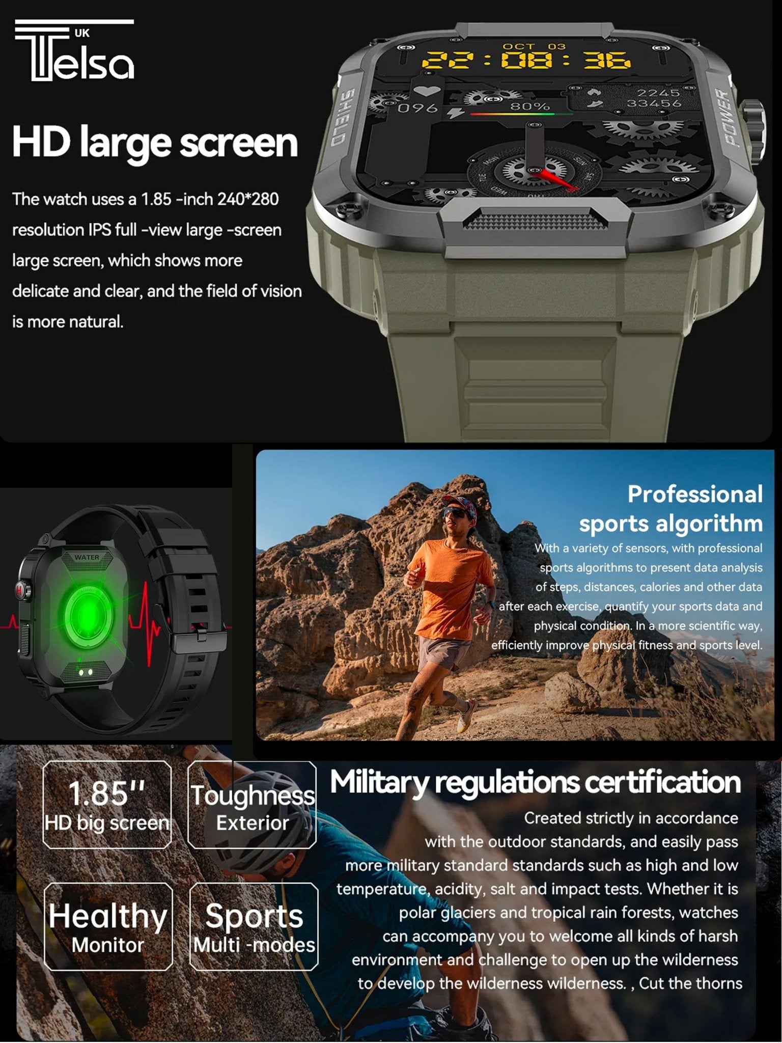 TELSA UK - Smart Watch Waterproof IP68 military style mens Sports & fitness digital Watch with Touch Screen display, Fitness Watch, Heart Rate, Step counter Smart Watch for men IOS & Android