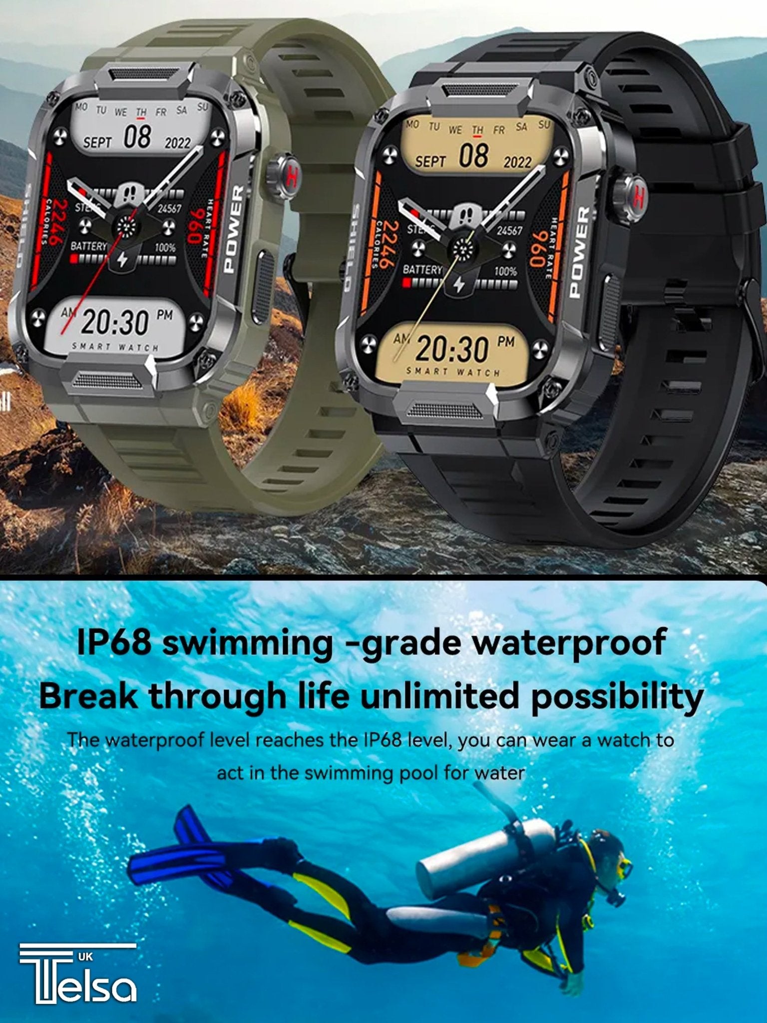 TELSA UK - Smart Watch Waterproof IP68 military style mens Sports & fitness digital Watch with Touch Screen display, Fitness Watch, Heart Rate, Step counter Smart Watch for men IOS & Android