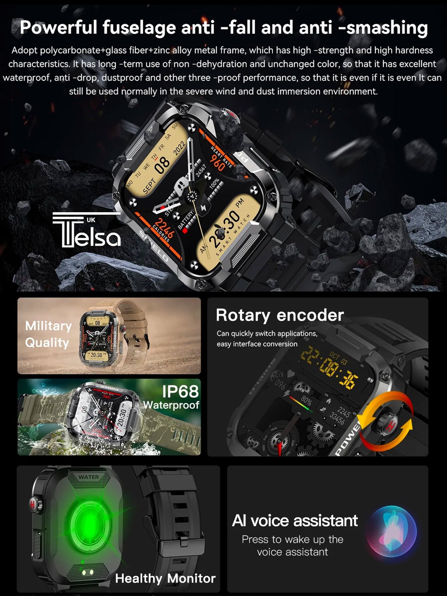 TELSA UK - Smart Watch Waterproof IP68 military style mens Sports & fitness digital Watch with Touch Screen display, Fitness Watch, Heart Rate, Step counter Smart Watch for men IOS & Android