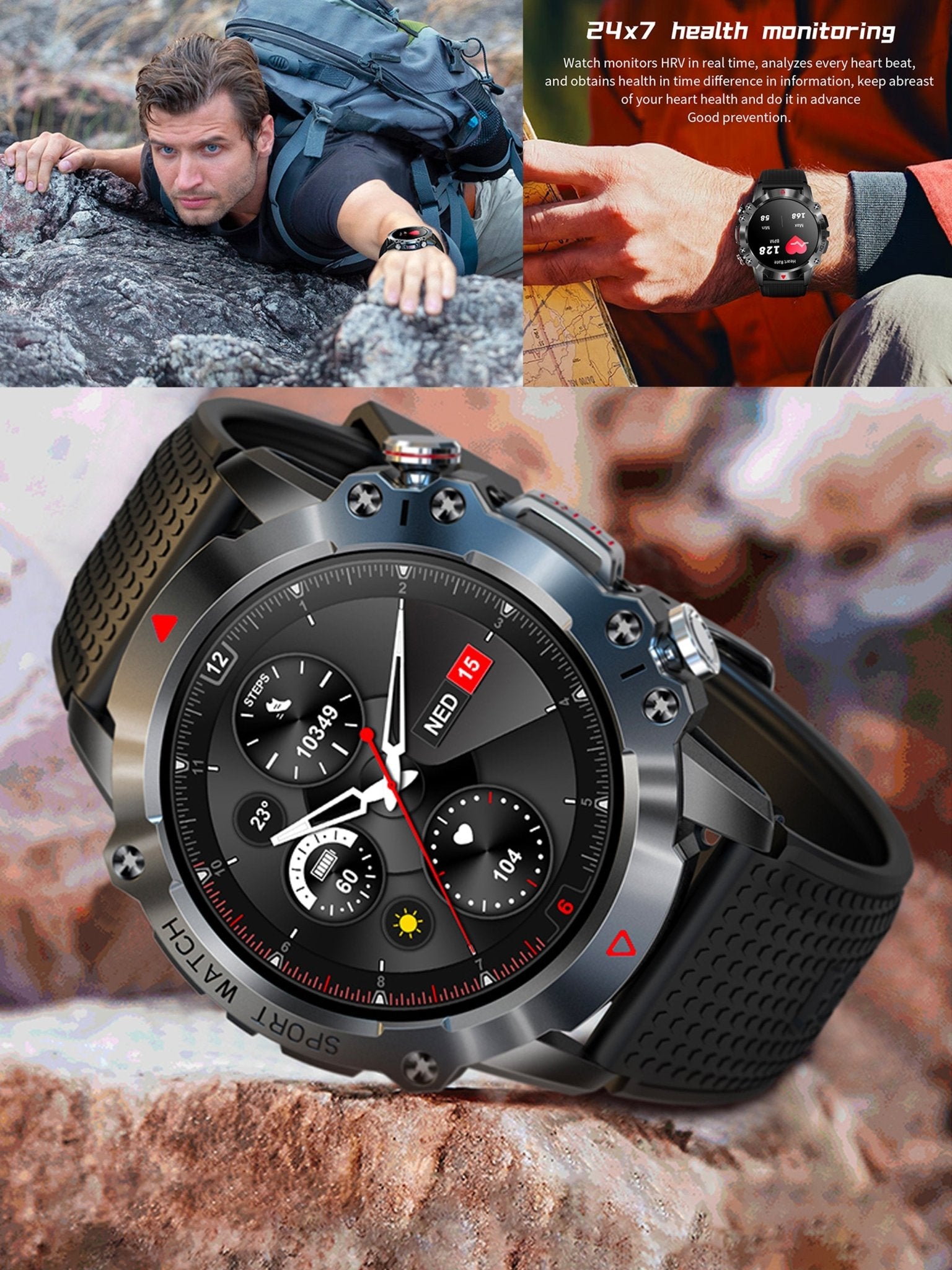 TELSA UK - Waterproof Smart Watch T410 Sports & fitness digital Watch military style mens with Touch Screen display, Fitness Watch, Smart Watch for men IOS & Android