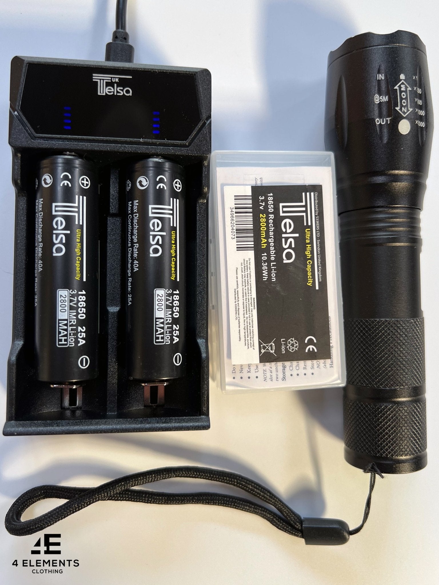 Telsa - Waterproof Zoom Aluminium LED Tactical Torch Flashlight - Free 2 x 18650 Batteries & USB Charger