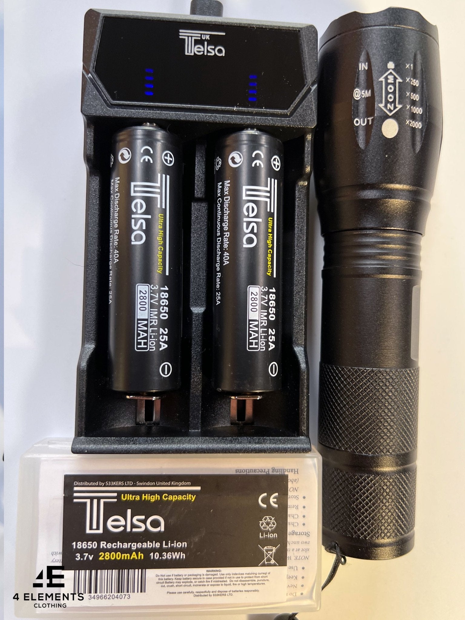 Telsa - Waterproof Zoom Aluminium LED Tactical Torch Flashlight - Free 2 x 18650 Batteries & USB Charger