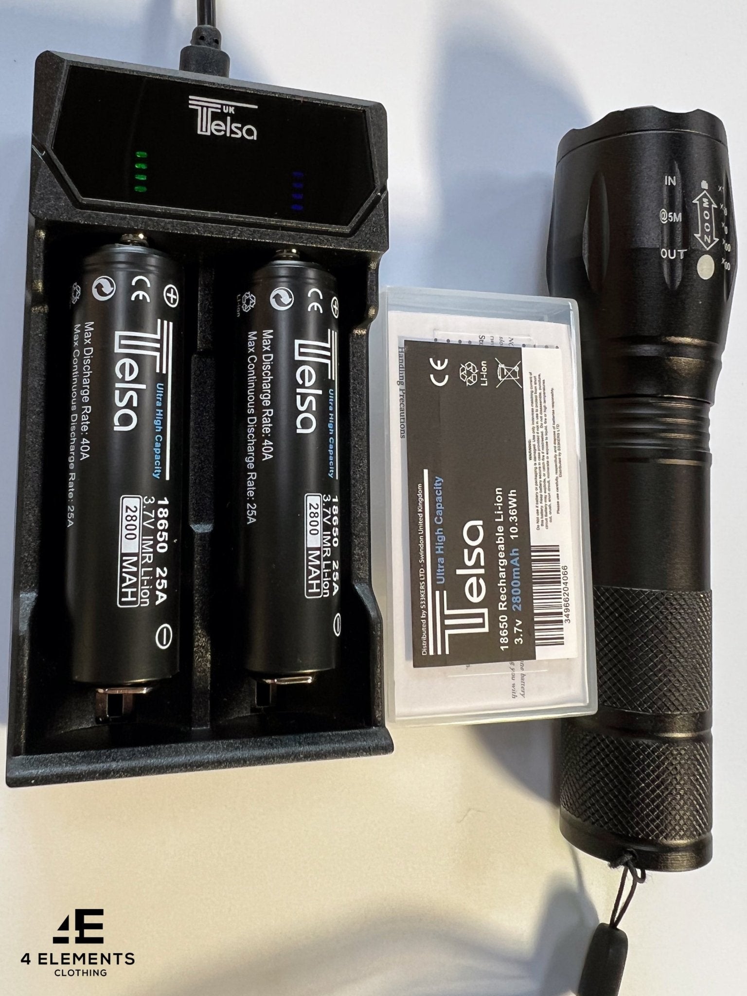 Telsa - Waterproof Zoom Aluminium LED Tactical Torch Flashlight - Free 2 x 18650 Batteries & USB Charger