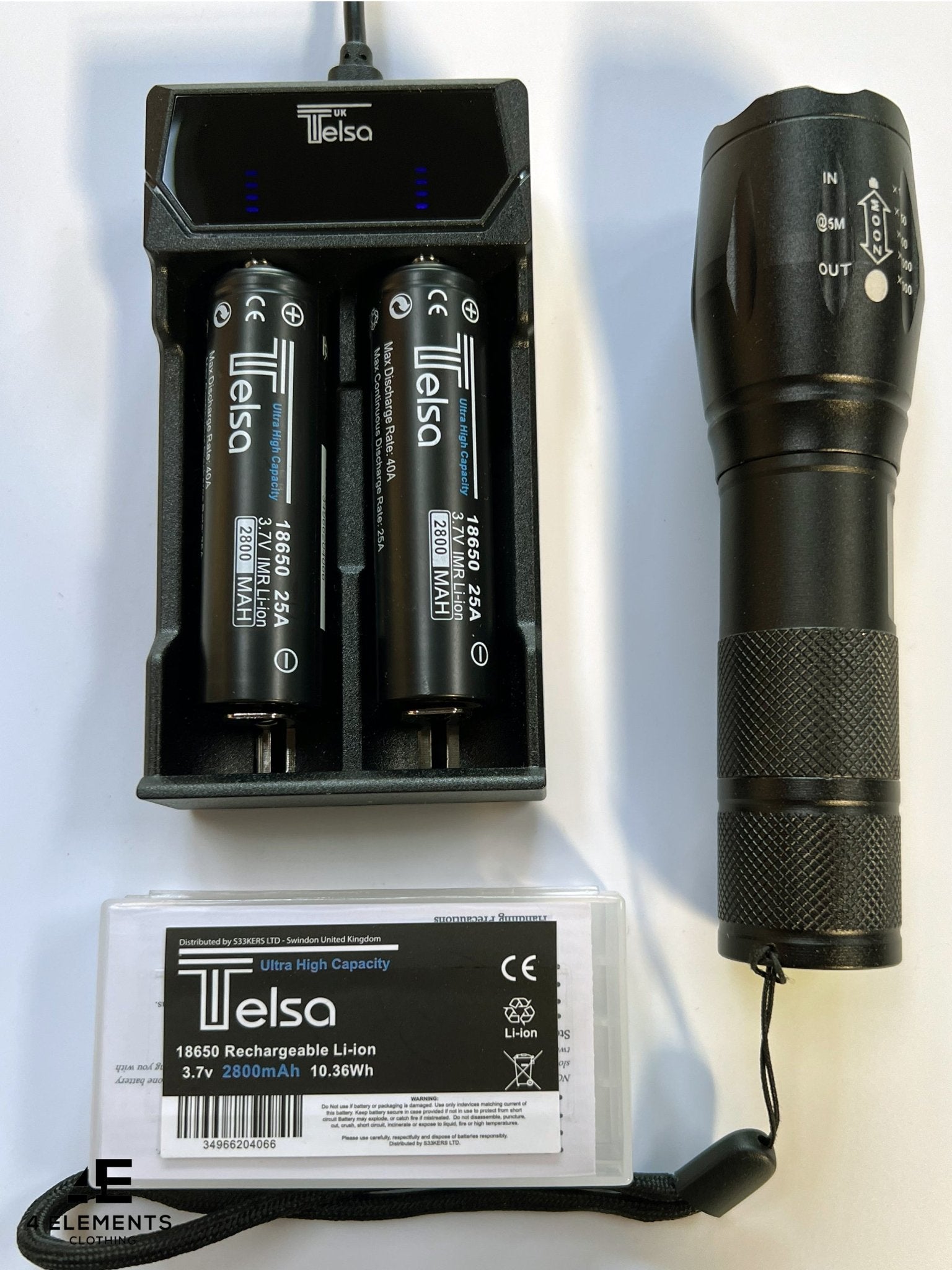 4elementsclothingTelsaTelsa - Waterproof Zoom Aluminium LED Tactical Torch Flashlight - Free 2 x 18650 Batteries & USB ChargerTorchT2FC