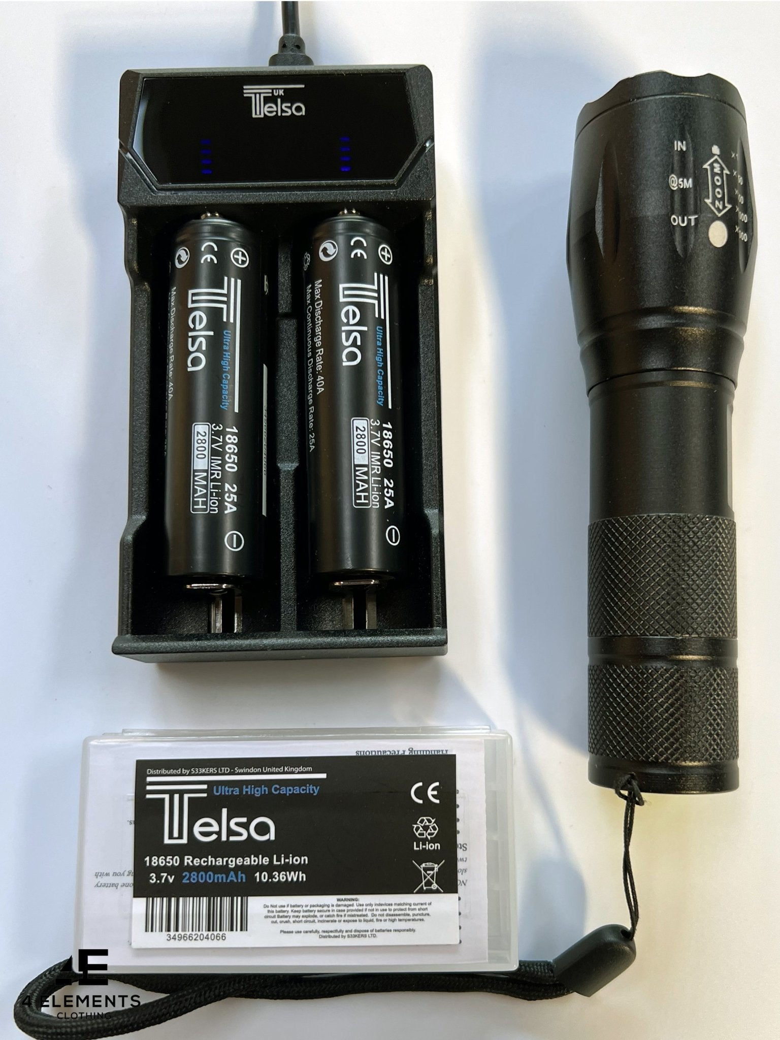 Telsa - Waterproof Zoom Aluminium LED Tactical Torch Flashlight - Free 2 x 18650 Batteries & USB Charger