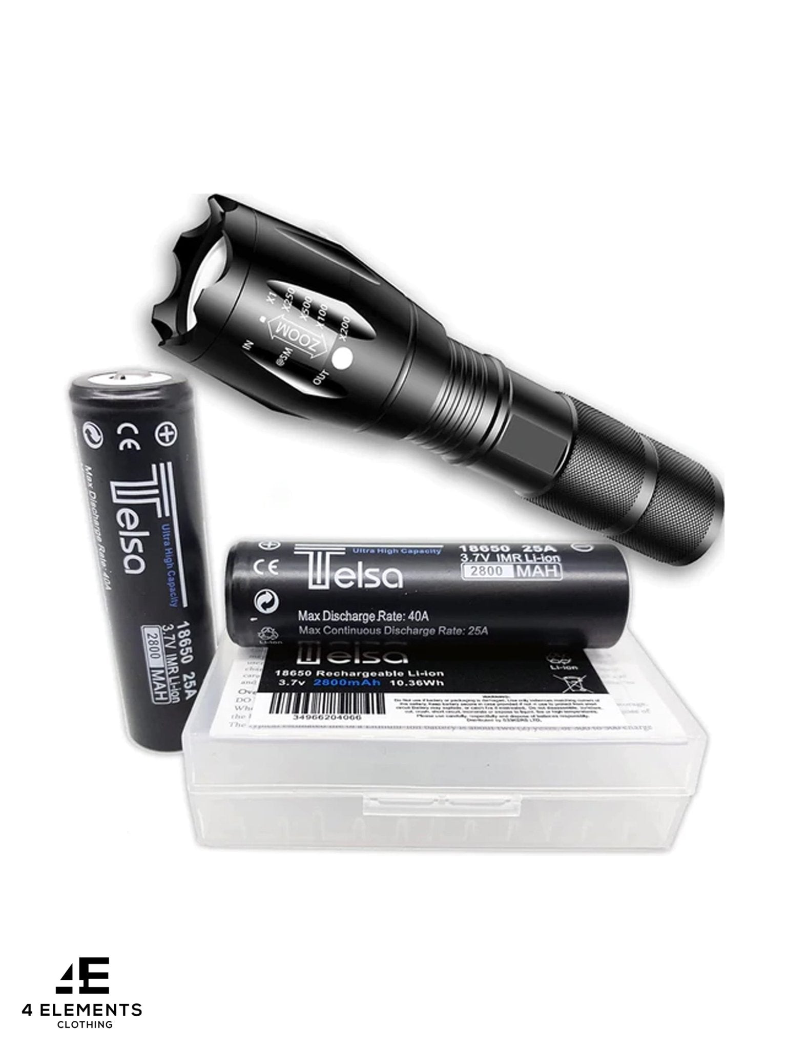 Telsa - Waterproof Zoom Aluminium LED Tactical Torch Flashlight - Free 2 x 18650 (Button Top) Batteries