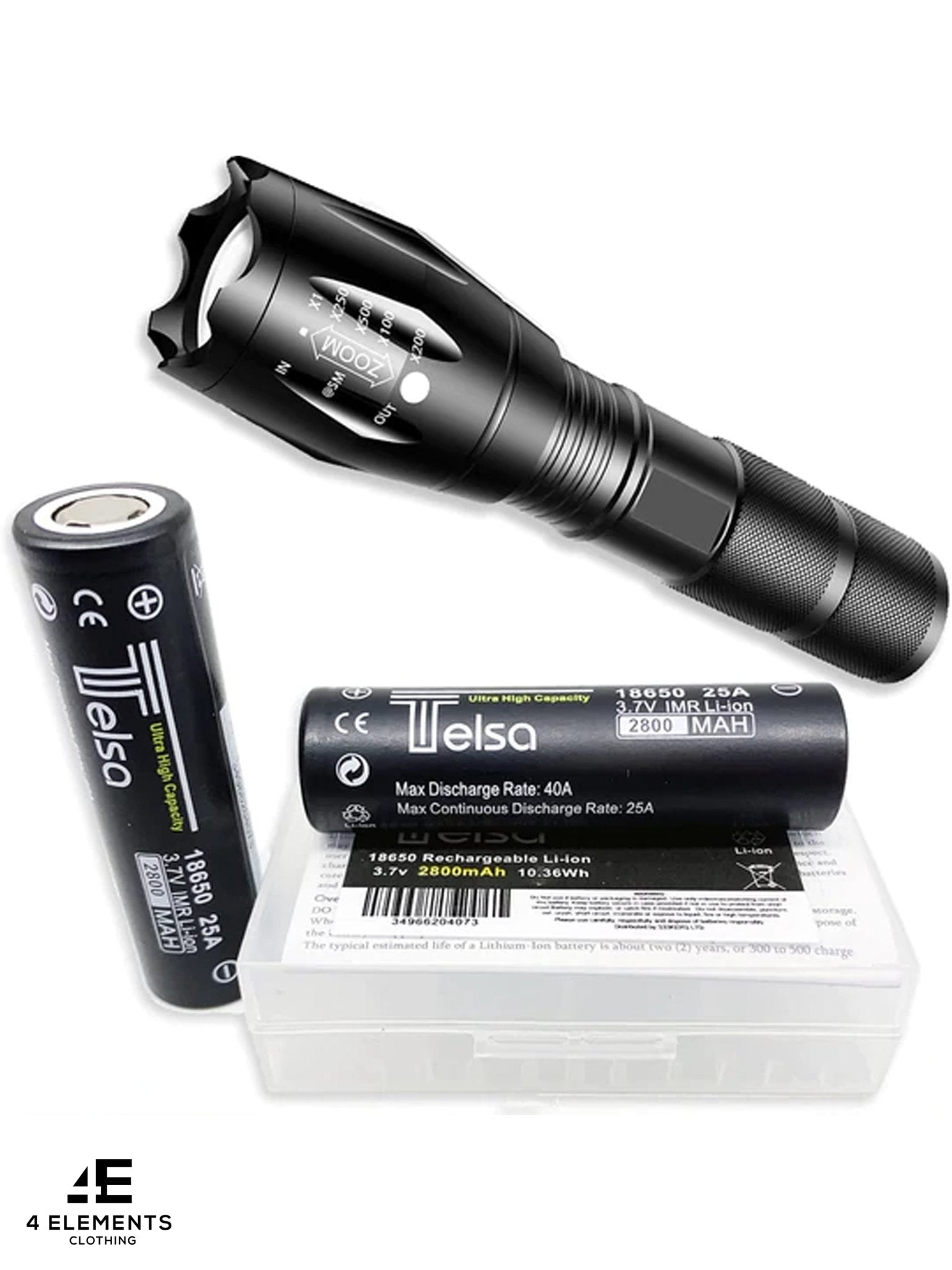 Telsa - Waterproof Zoom Aluminium LED Tactical Torch Flashlight - Free 2 x 18650 (Flat Top) Batteries