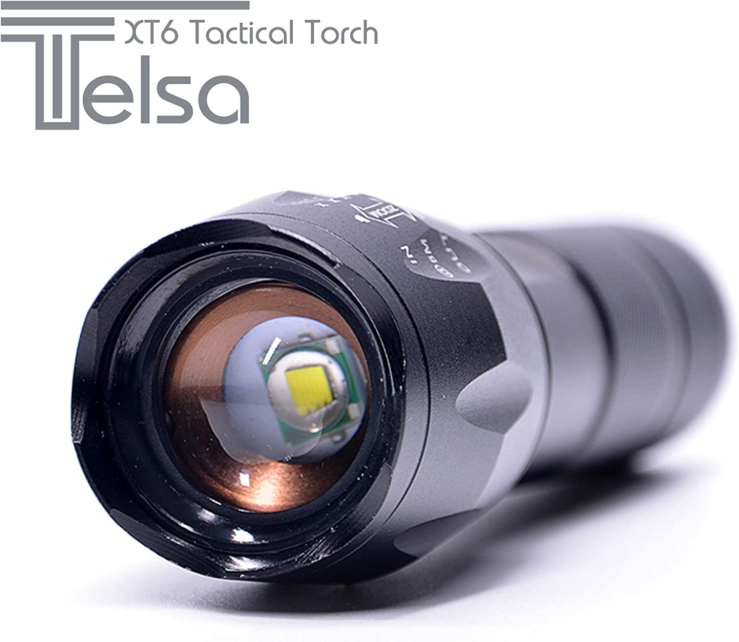 Telsa - Waterproof Zoom Aluminium LED Tactical Torch Flashlight - Free 4 x 18650 Batteries & USB Charger