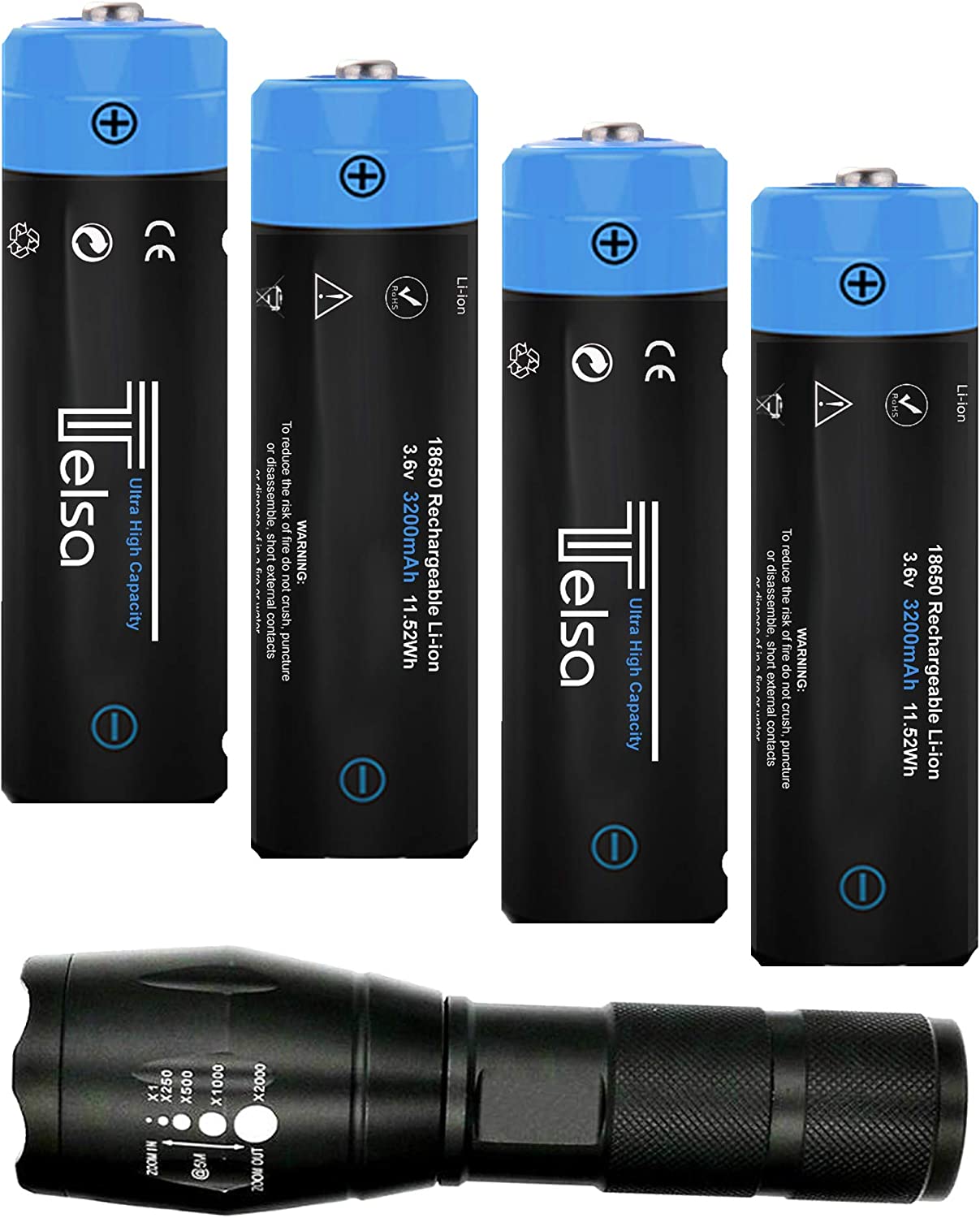 Telsa - Waterproof Zoom Aluminium LED Tactical Torch Flashlight - Free 4 x 18650 Batteries & USB Charger