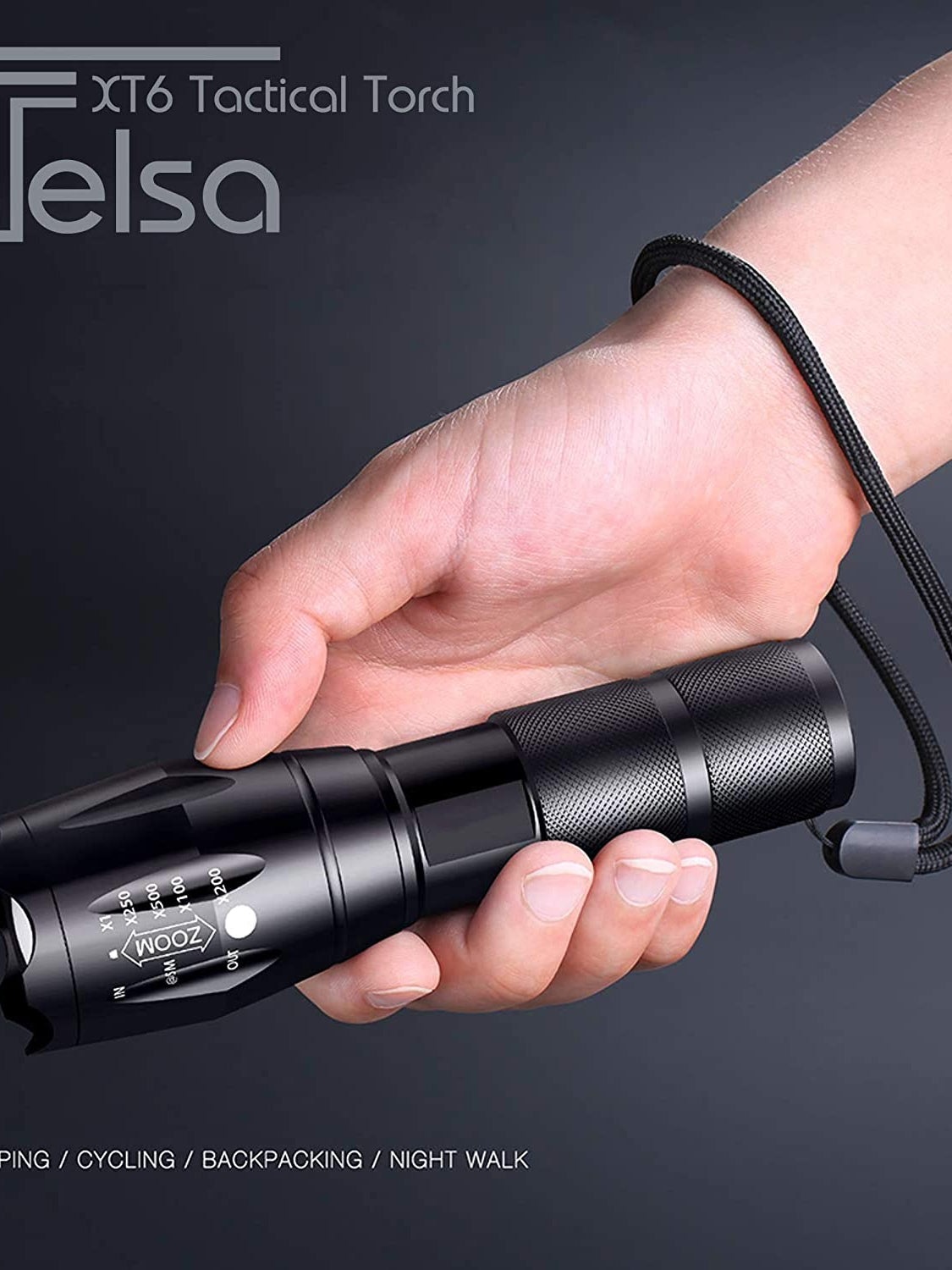 Telsa - Waterproof Zoom Aluminium LED Tactical Torch Flashlight - Free 4 x 18650 Batteries & USB Charger