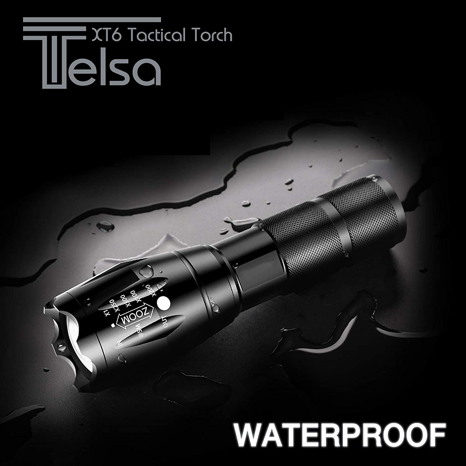 Telsa - Waterproof Zoom Aluminium LED Tactical Torch Flashlight - Free 4 x 18650 Batteries & USB Charger