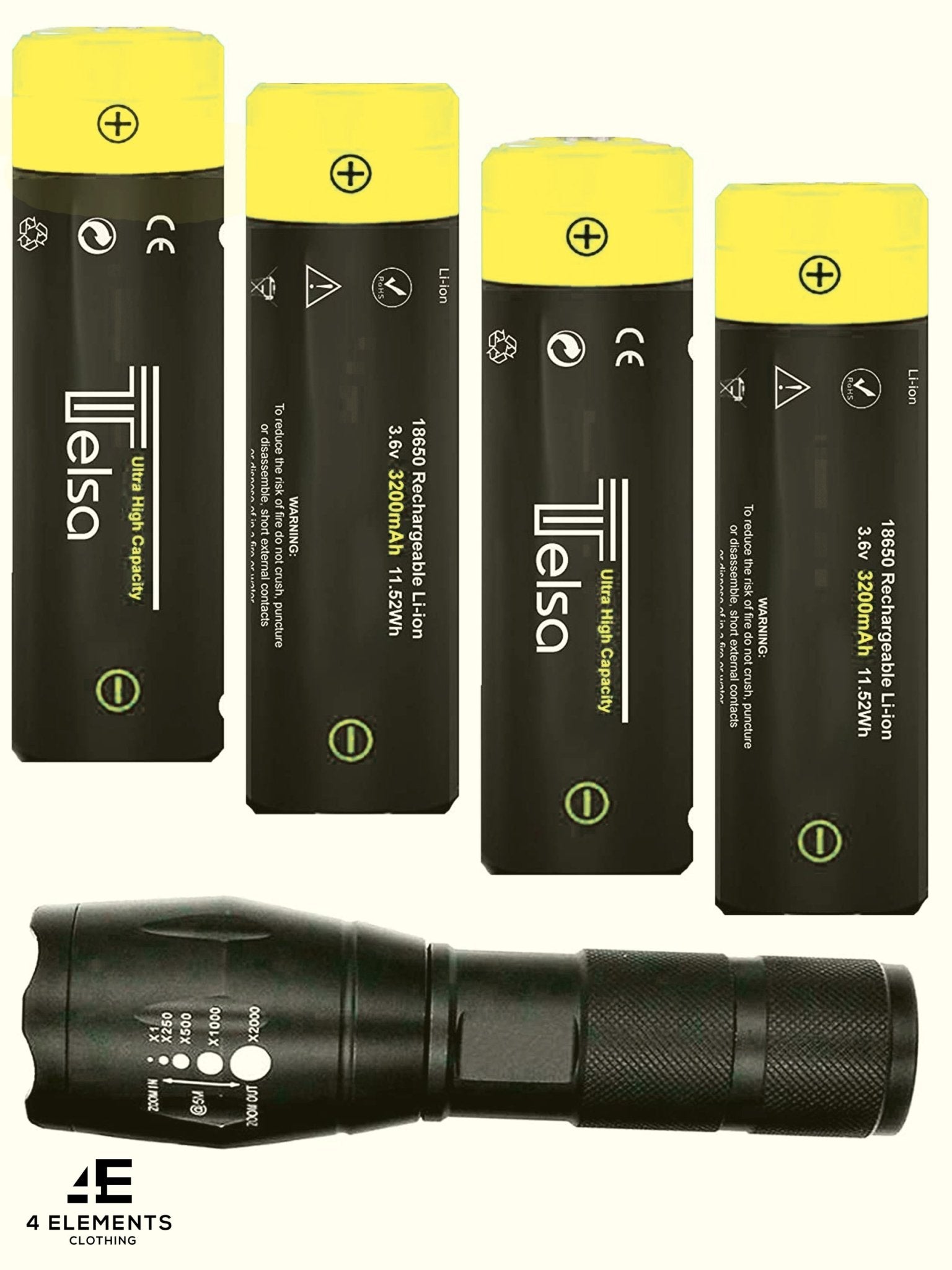 Telsa - Waterproof Zoom Aluminium LED Tactical Torch Flashlight - Free 4 x 18650 Batteries & USB Charger