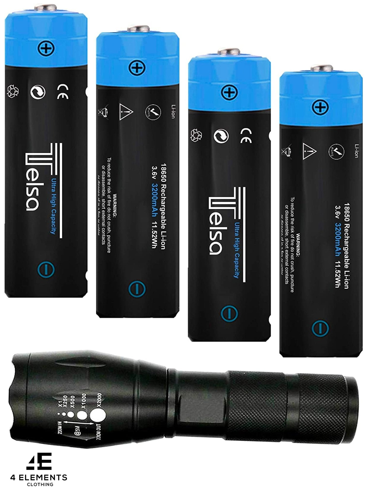 4elementsclothingTelsaTelsa - Waterproof Zoom Aluminium LED Tactical Torch Flashlight - Free 4 x 18650 Batteries & USB ChargerTorchT4F
