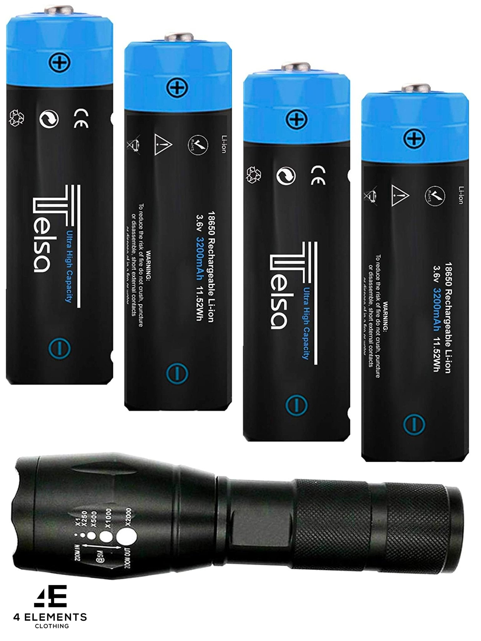 Telsa - Waterproof Zoom Aluminium LED Tactical Torch Flashlight - Free 4 x 18650 Batteries & USB Charger