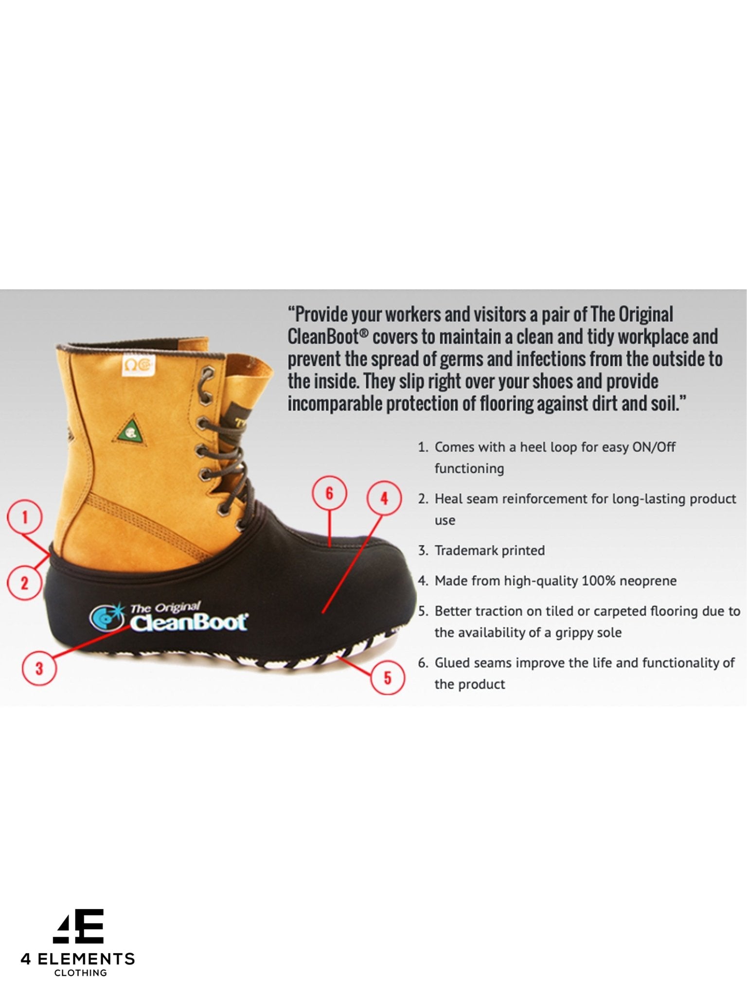 4elementsclothingThe Original CleanBootThe Original CleanBoot ™ – Professional, Stretchable design with a grippy sole, Protect your floor.Shoes5060976970177