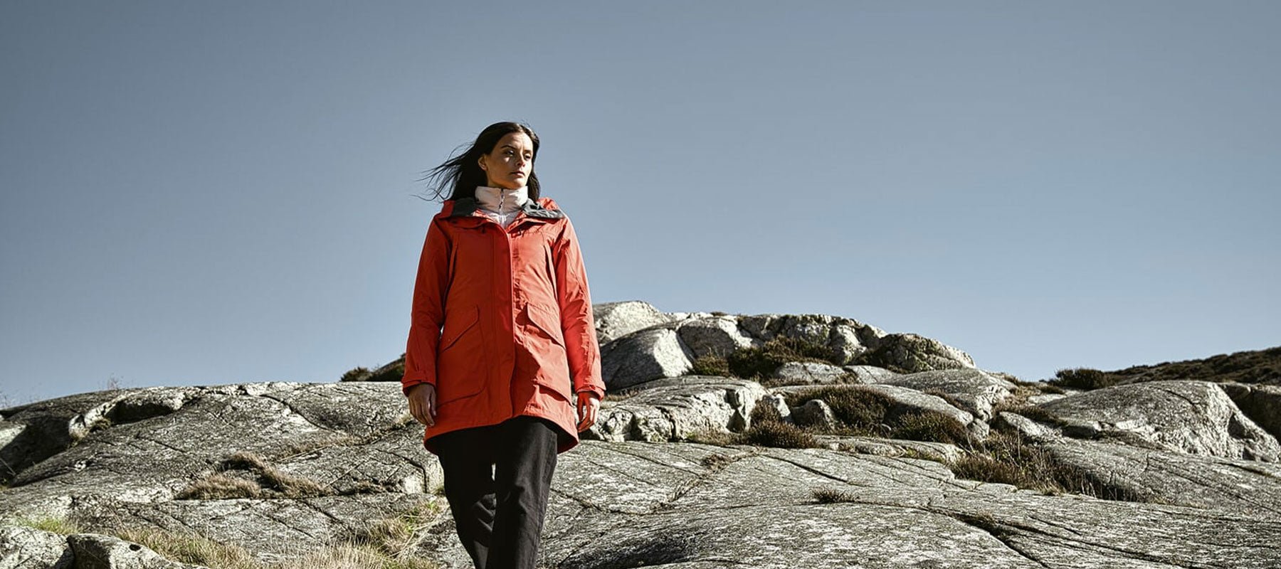 Woman wearing a Didriksons winter waterproof jacket on a walk