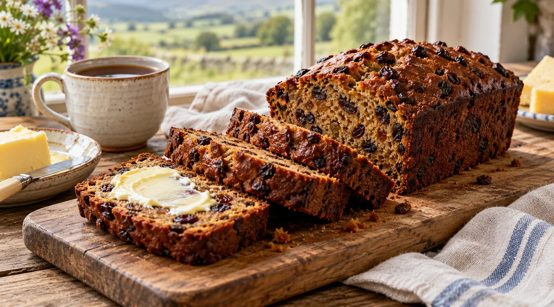 Sliced bara brith tea loaf filled with dried fruit, served with salted butter and tea.
