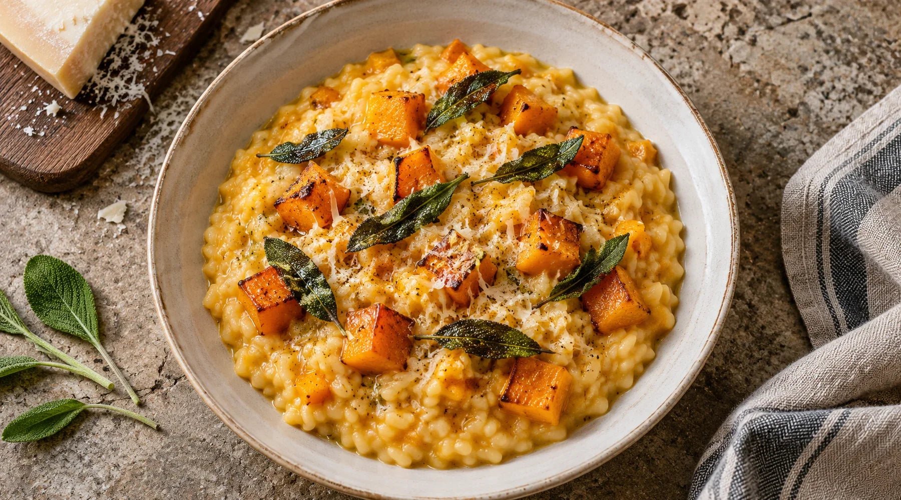 Butternut squash risotto with golden squash cubes, crisp sage leaves and grated vegetarian cheese.