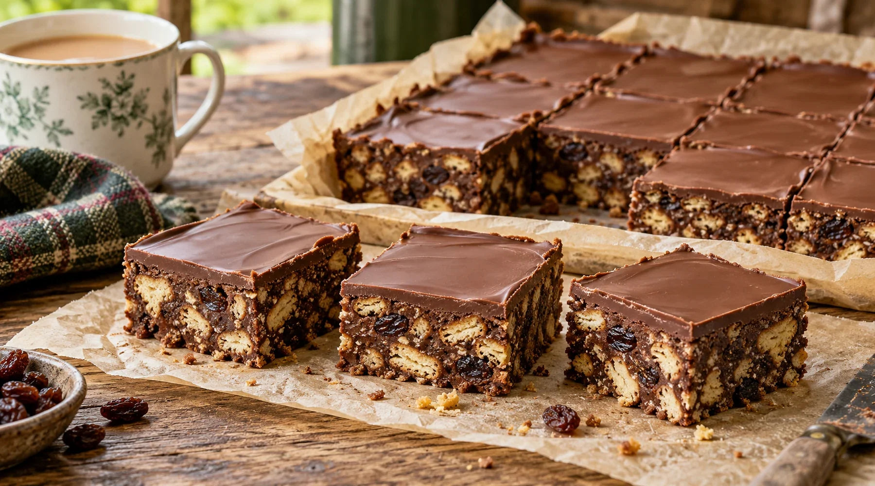 Squares of no-bake chocolate concrete with biscuit pieces, sultanas and a smooth chocolate topping.