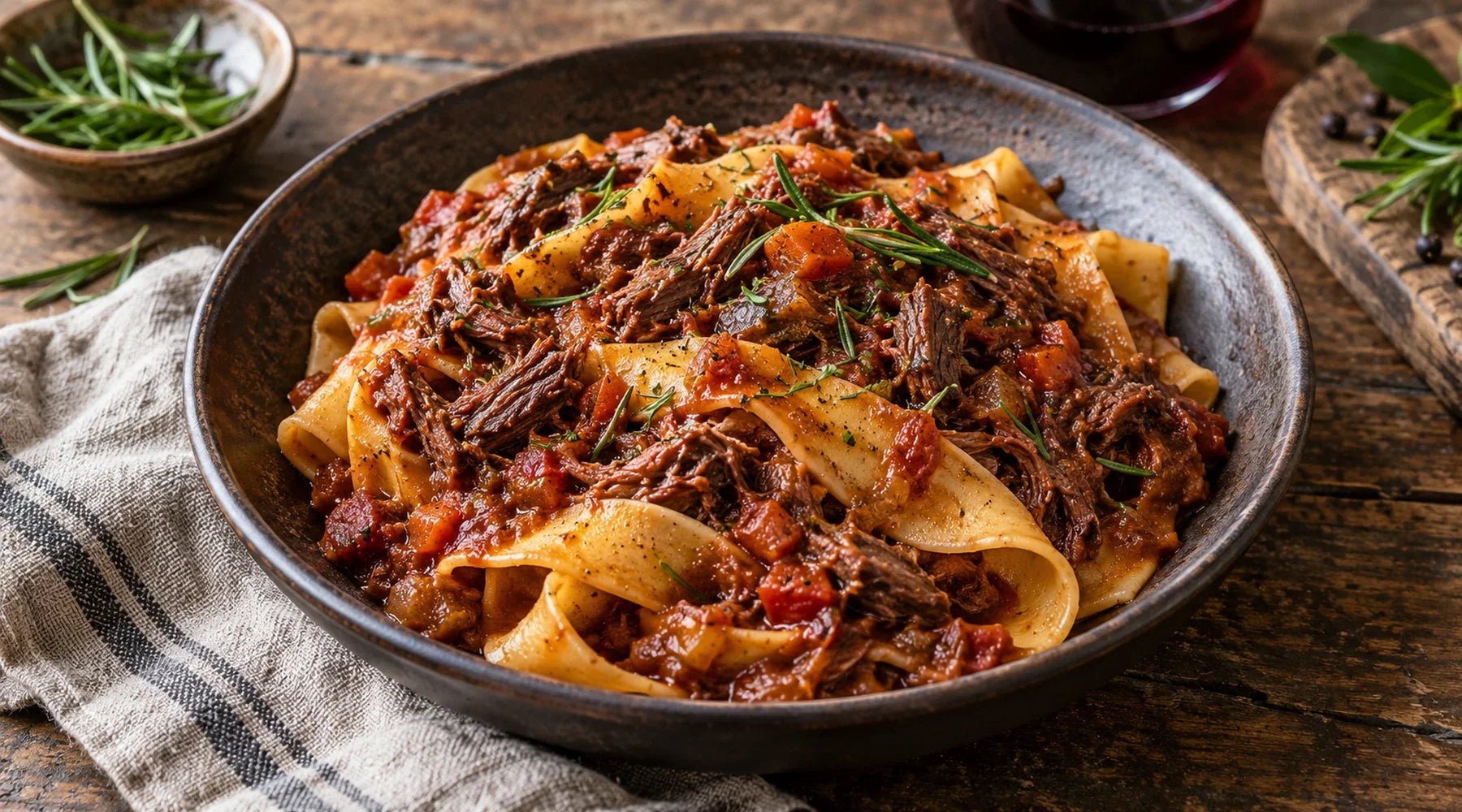 Pappardelle topped with shredded venison and tomato ragu, served without cheese or cream.