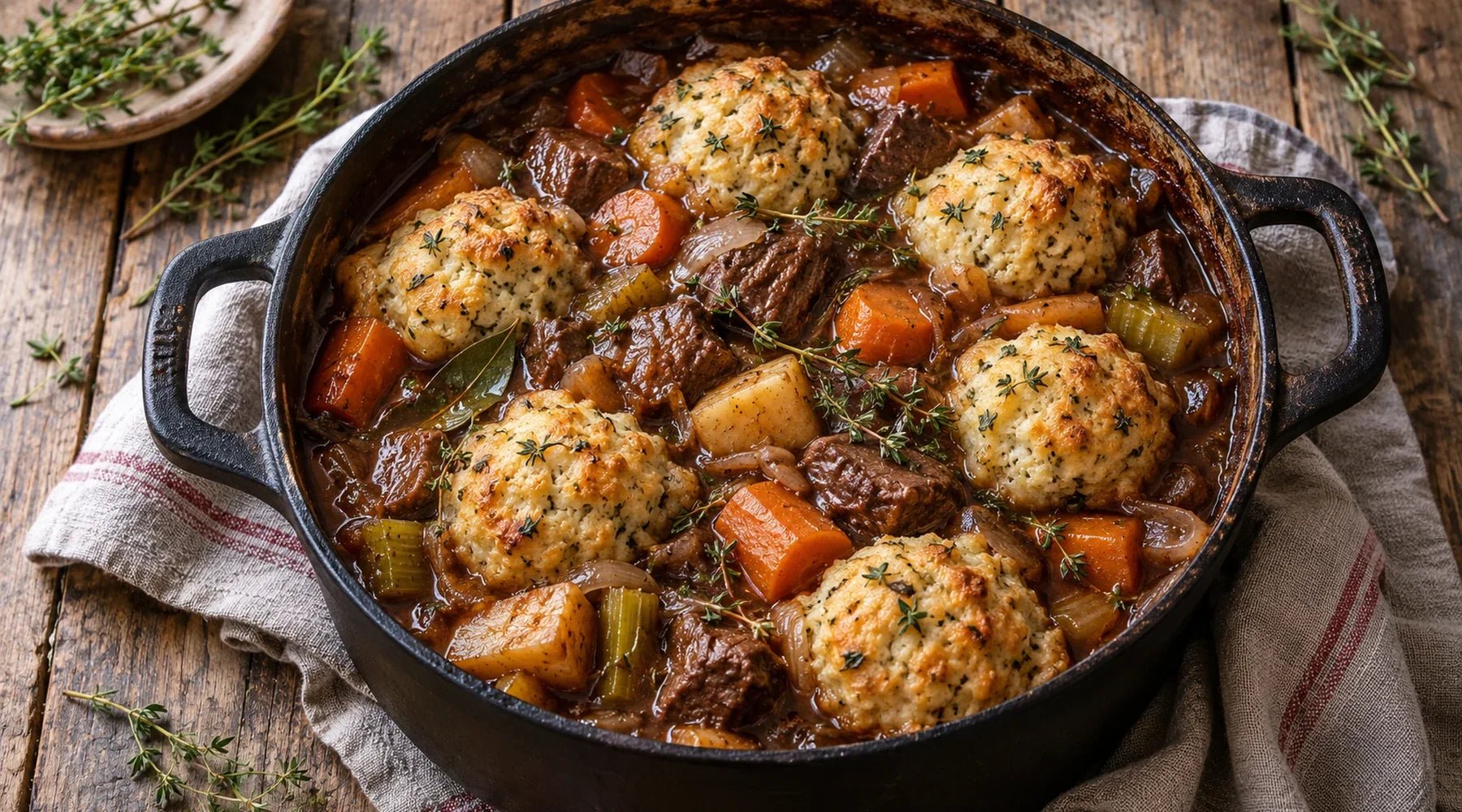 Venison stew with root vegetables and fluffy thyme dumplings made with gluten-free flour.