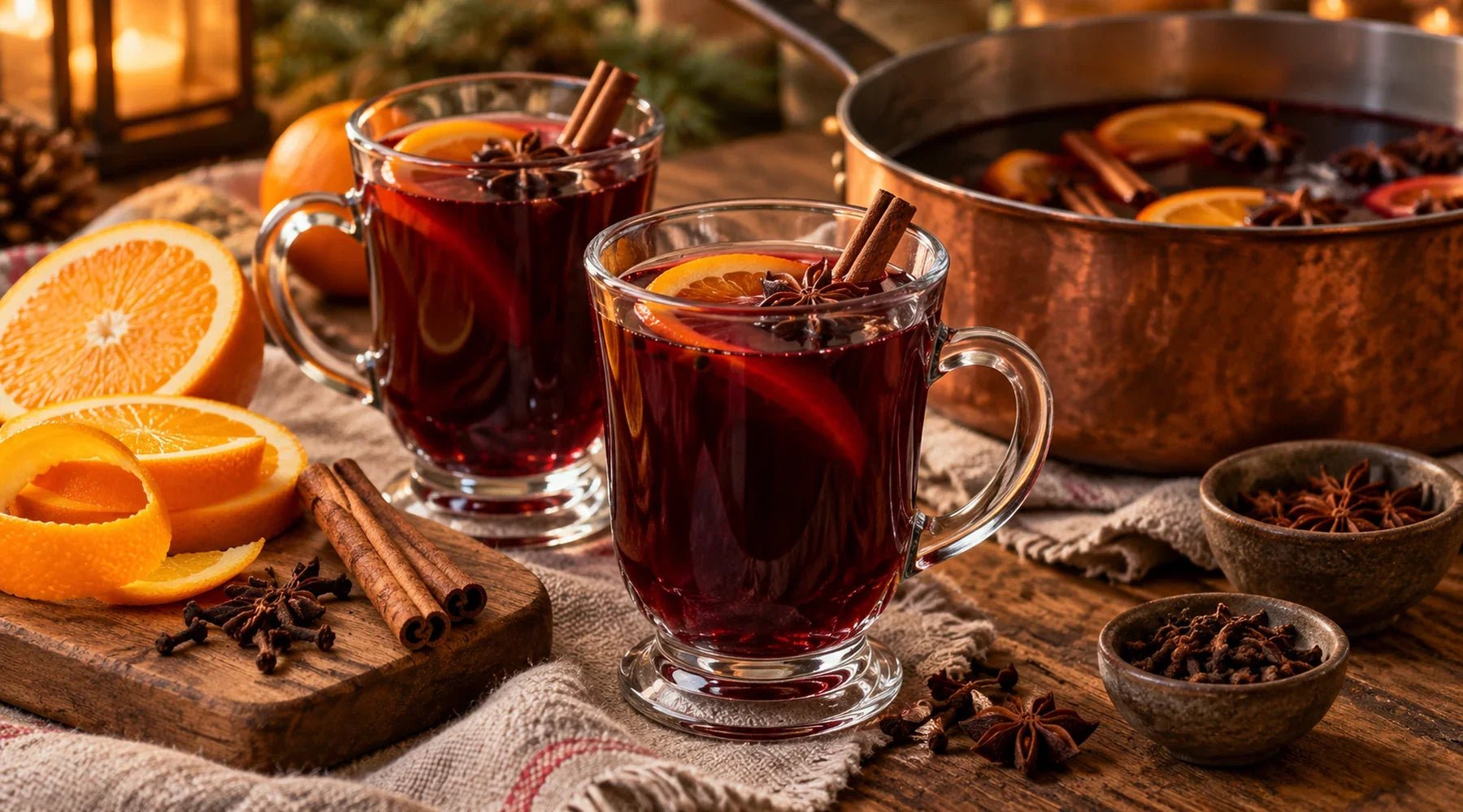 Mulled red wine in heatproof glasses with orange slices, cinnamon and star anise.