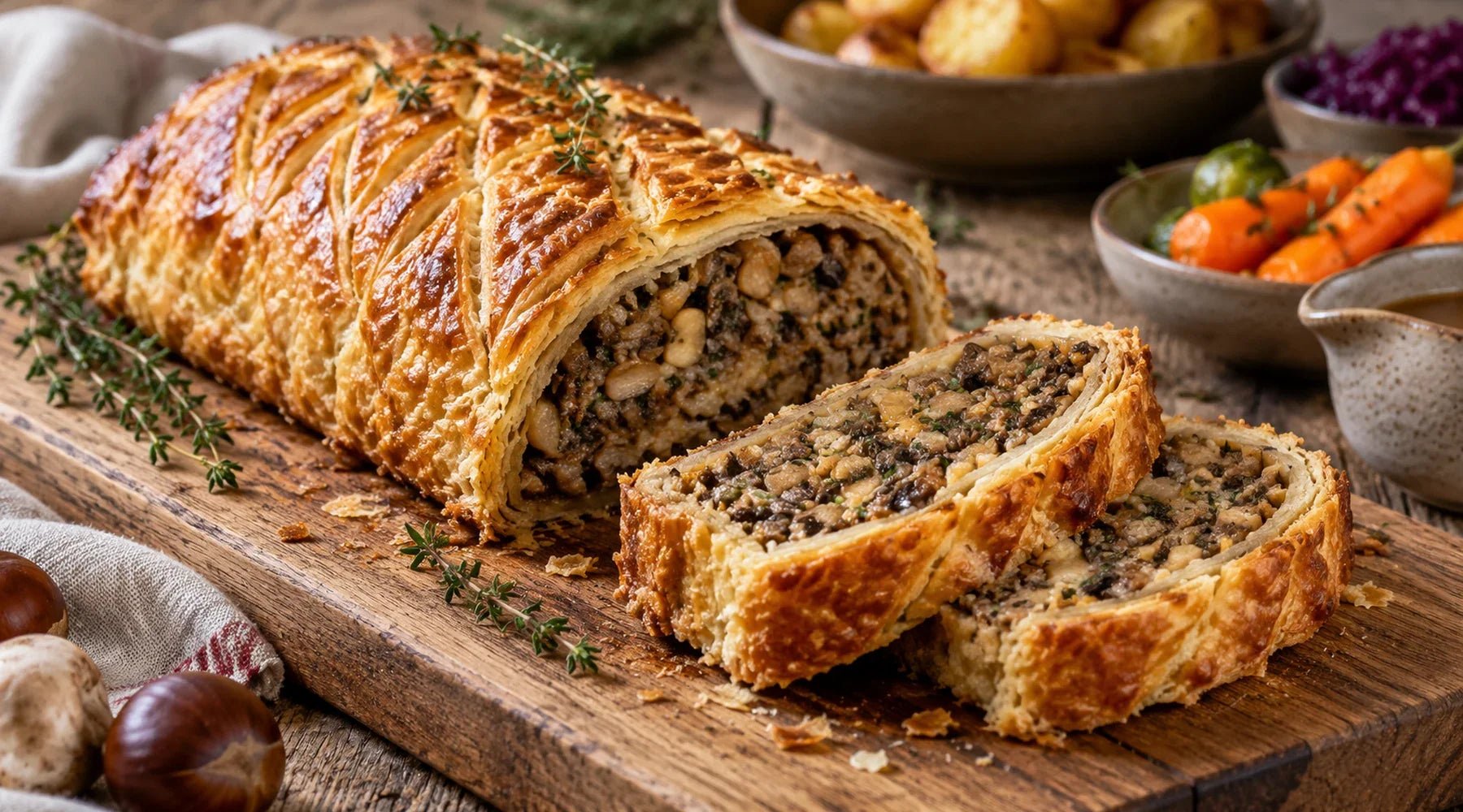Golden puff pastry mushroom Wellington sliced to reveal a mushroom and chestnut filling.
