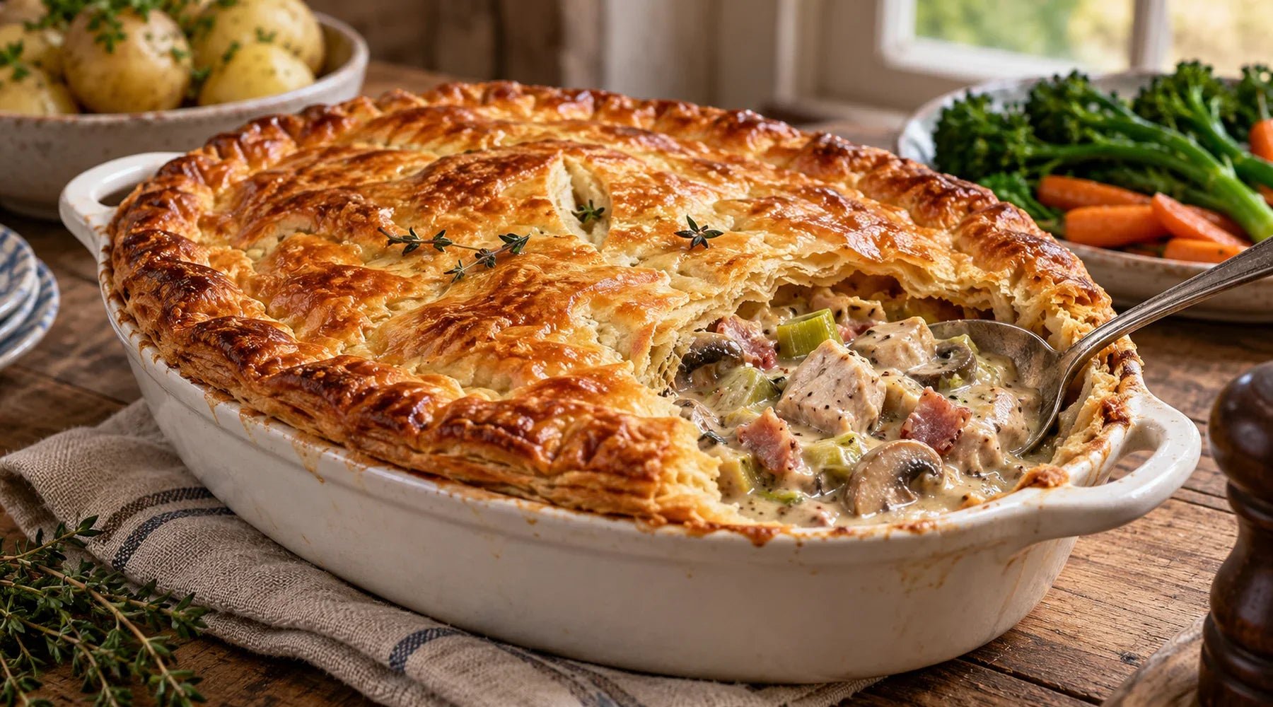 Puff pastry pheasant pie with a creamy leek, bacon and mushroom filling.